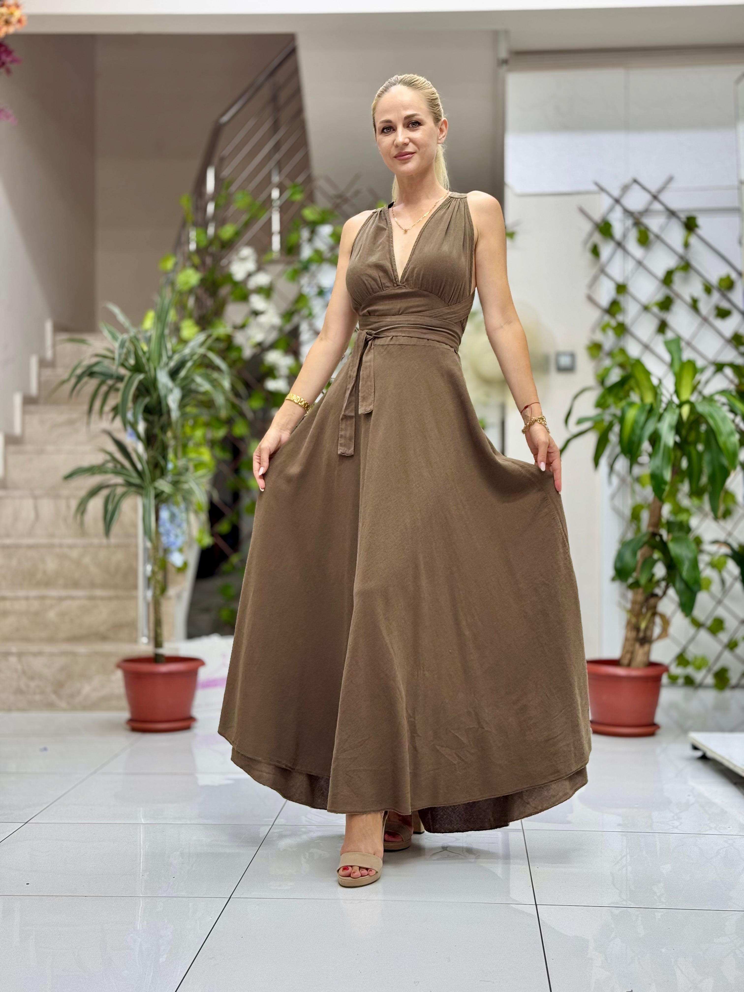 PT25071 Omuz Bağlamalı Belden Kuşaklı Sırtı Açık Coton Elbise Kahverengi