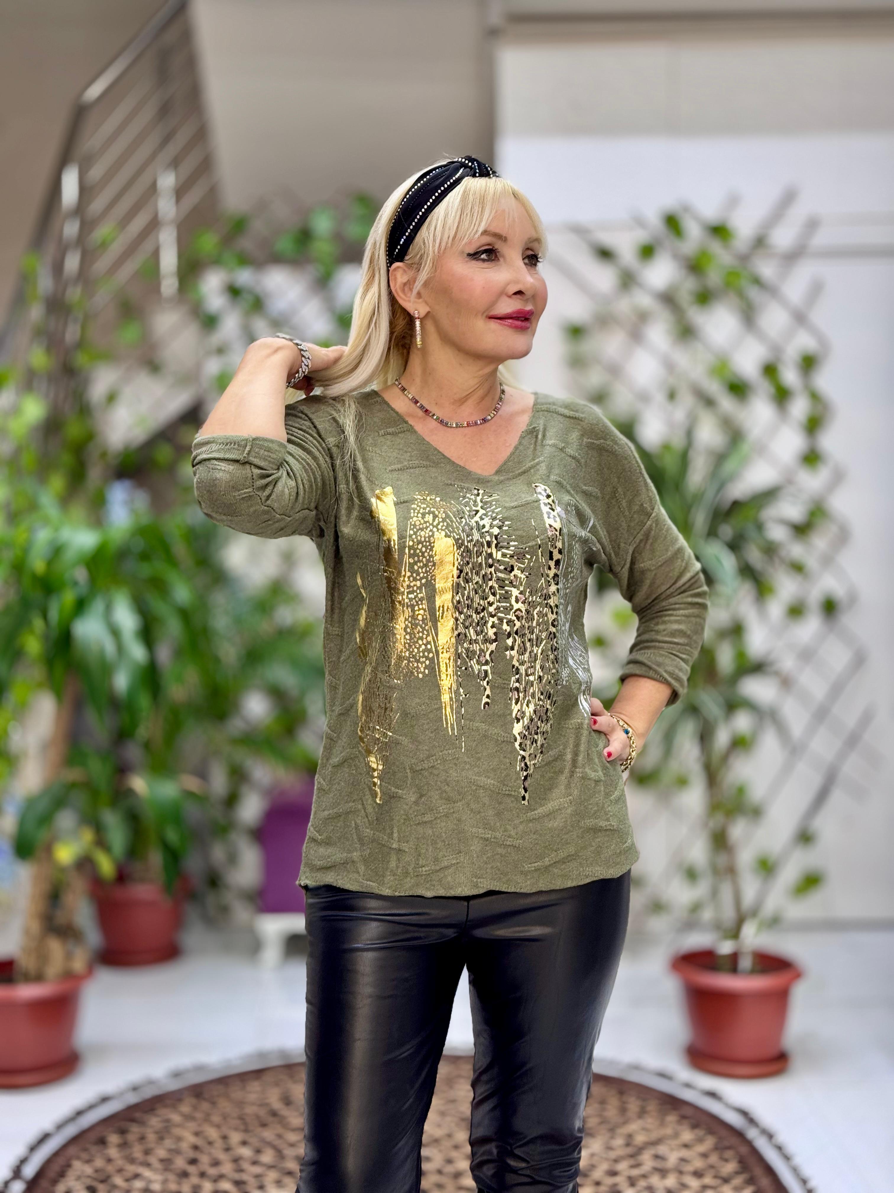 YG11716 Leopar Baskılı Kendinden Desenli İtalyan Triko Bluz Yeşil