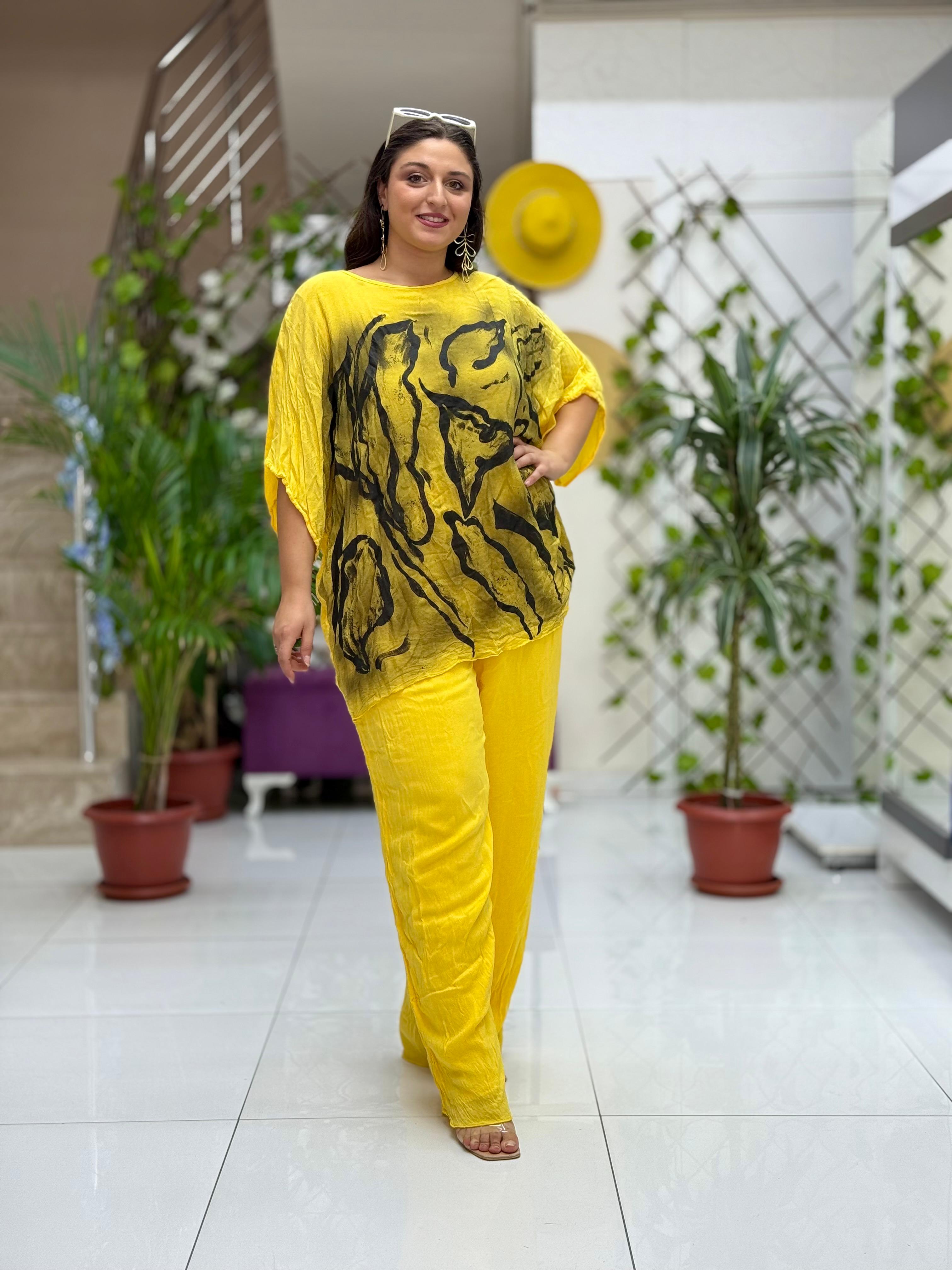 VL3159 %100 Vual Pamuk Bluz Pantolon Takım Sarı