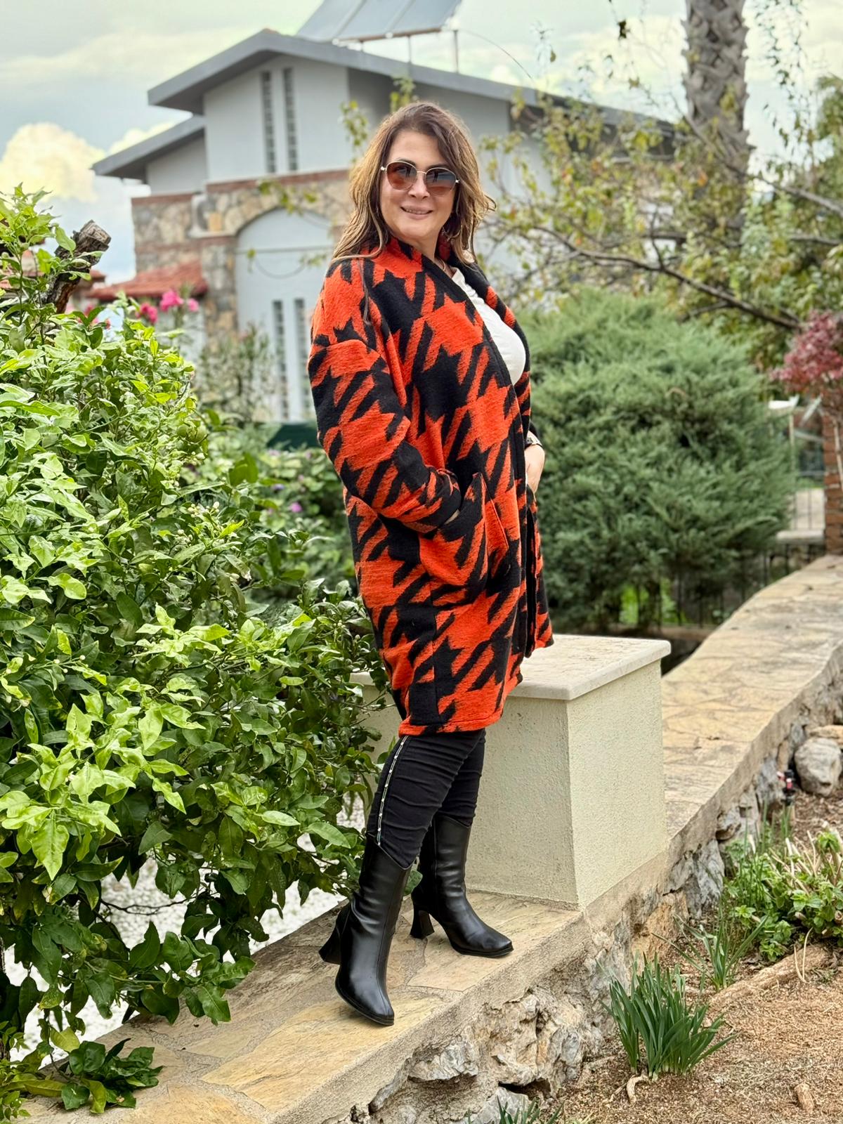 YG109261 Kapamasız Kaz Ayağı Desenli İtalyan Keçe Kaban Oranj