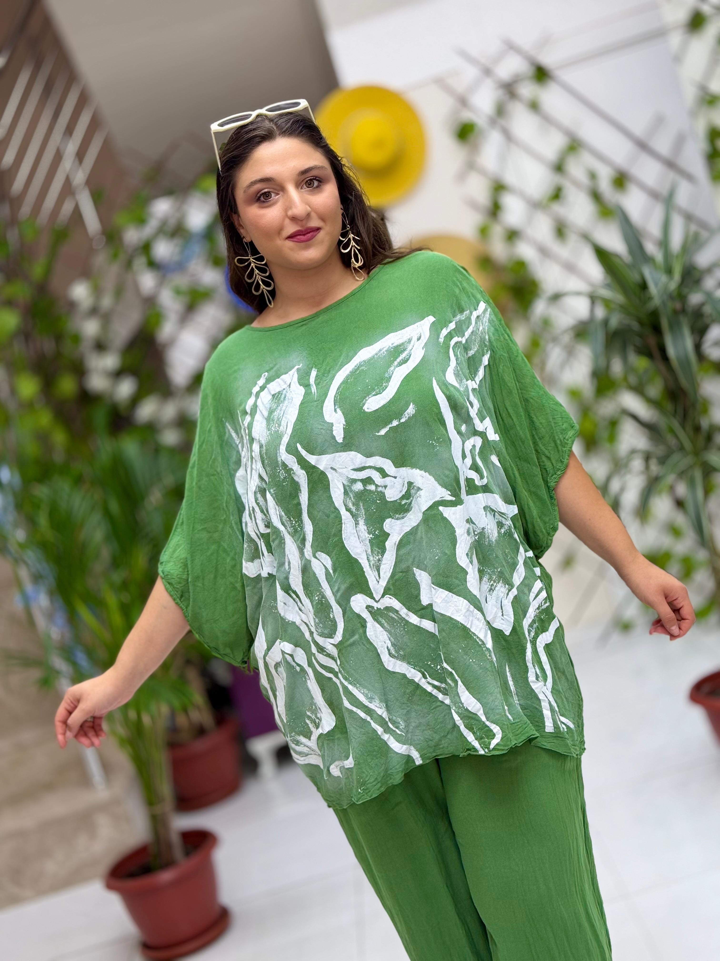 VL3009 Yarasa Kol Baskılı Vual Bluz Haki