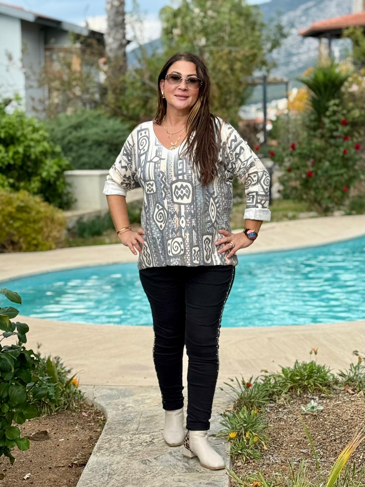 YG90664 Merserize V Yaka Baskılı İtalyan Bluz gri