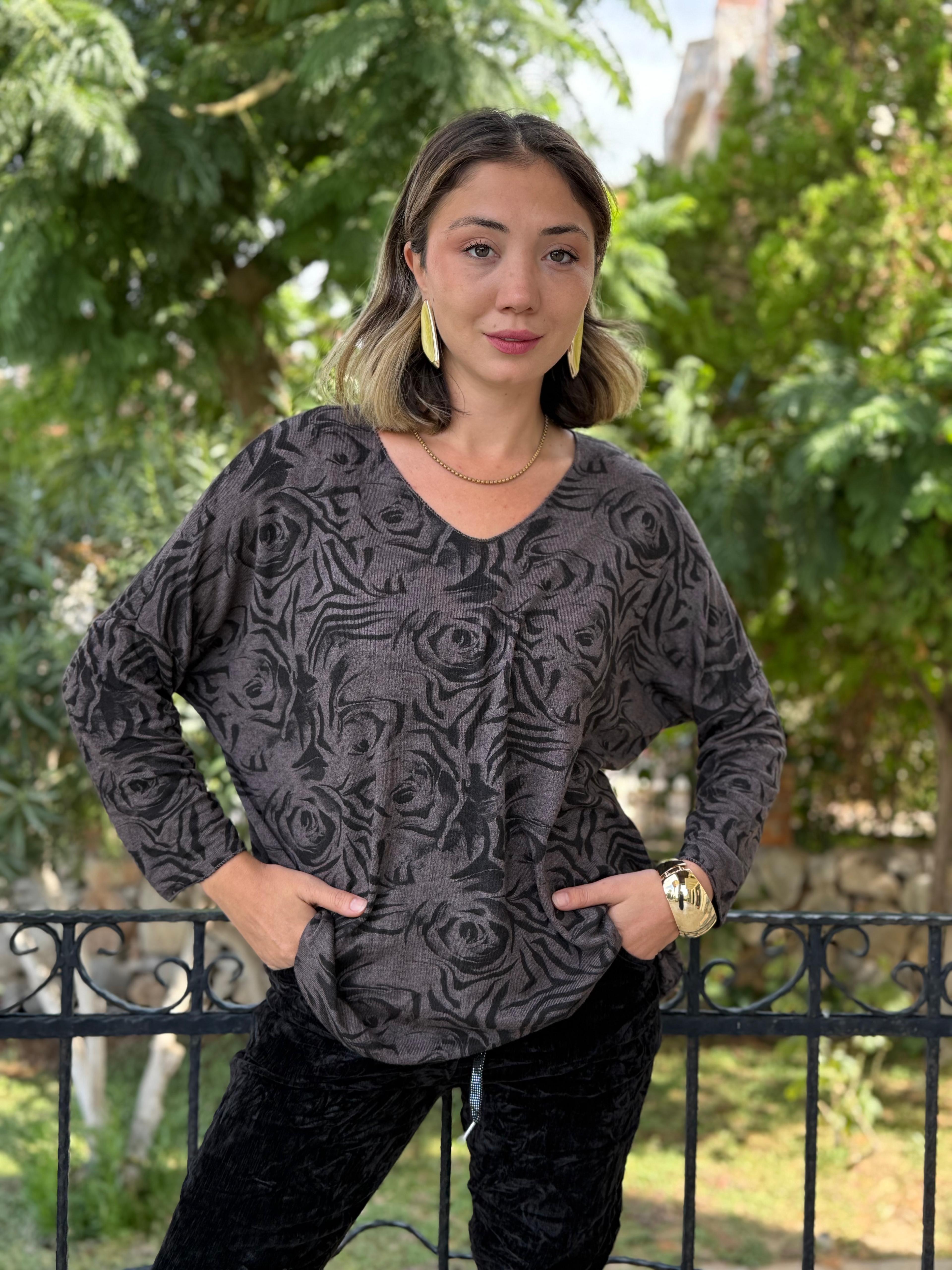 NC1128A İtalyan V Yaka Gül Desenli Triko Bluz Kahve