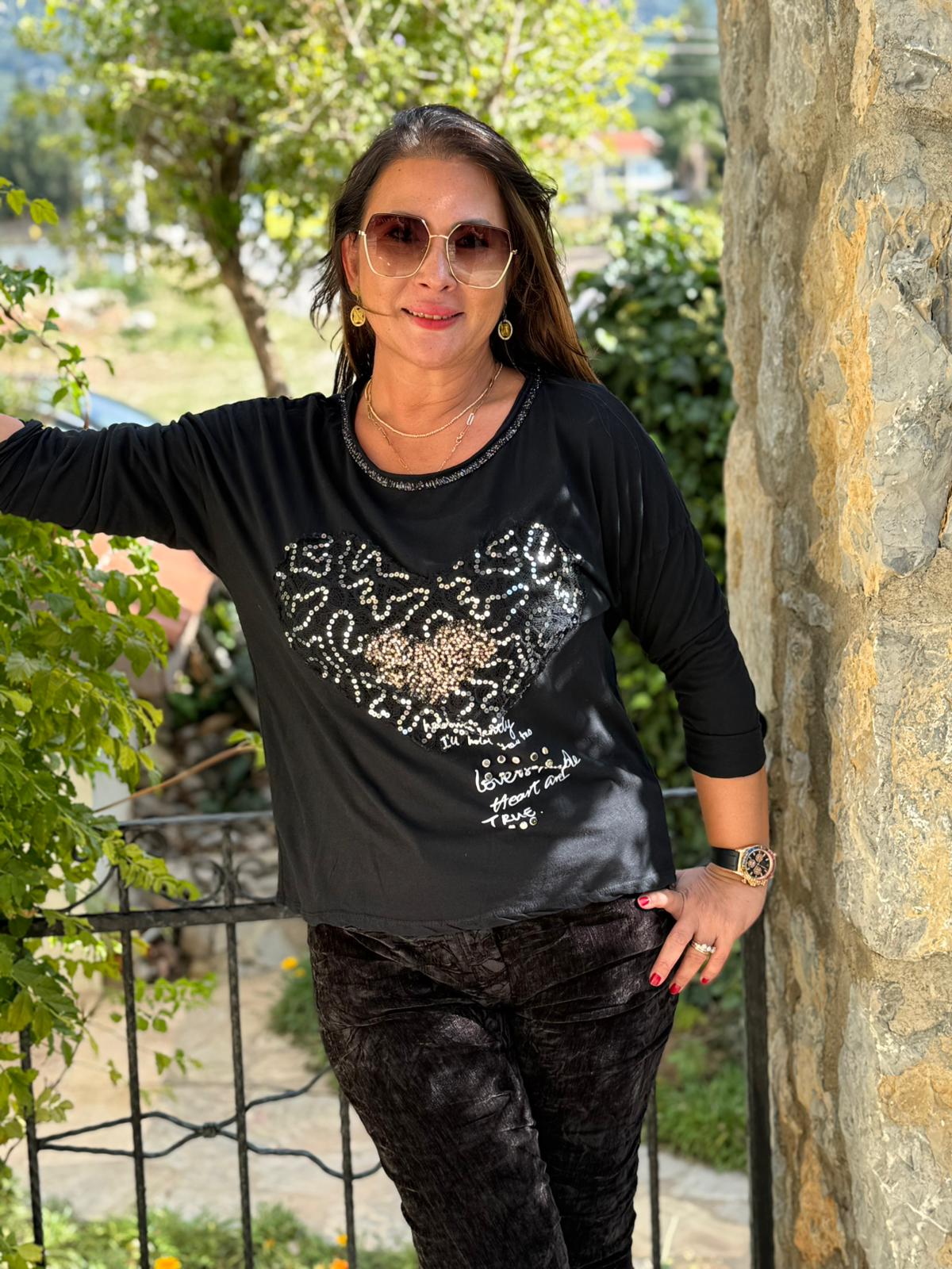 YG42030 Kalp Desenli Pullu İtalyan Triko Bluz Siyah