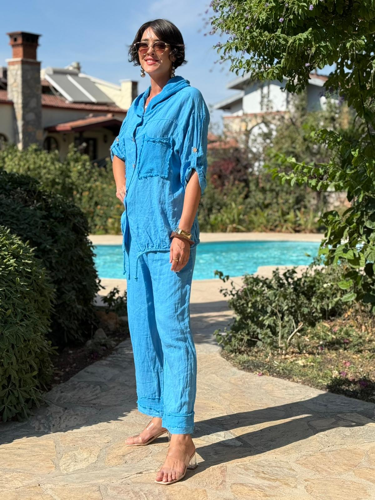 PT2256 İtalyan Önü Cepli Kapüşonlu Keten Takım Mavi