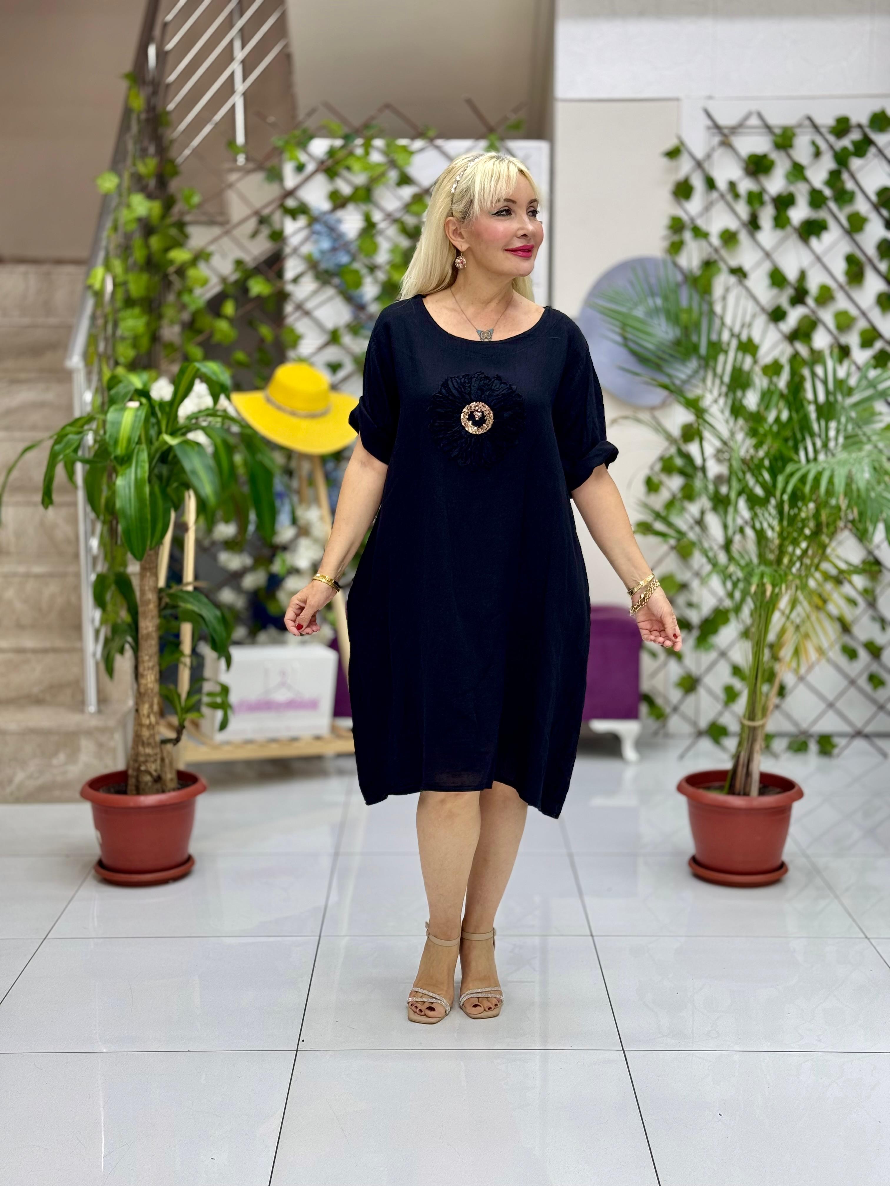 NC9015 İtalyan Çiçekli Yarım Kol Keten Elbise Siyah