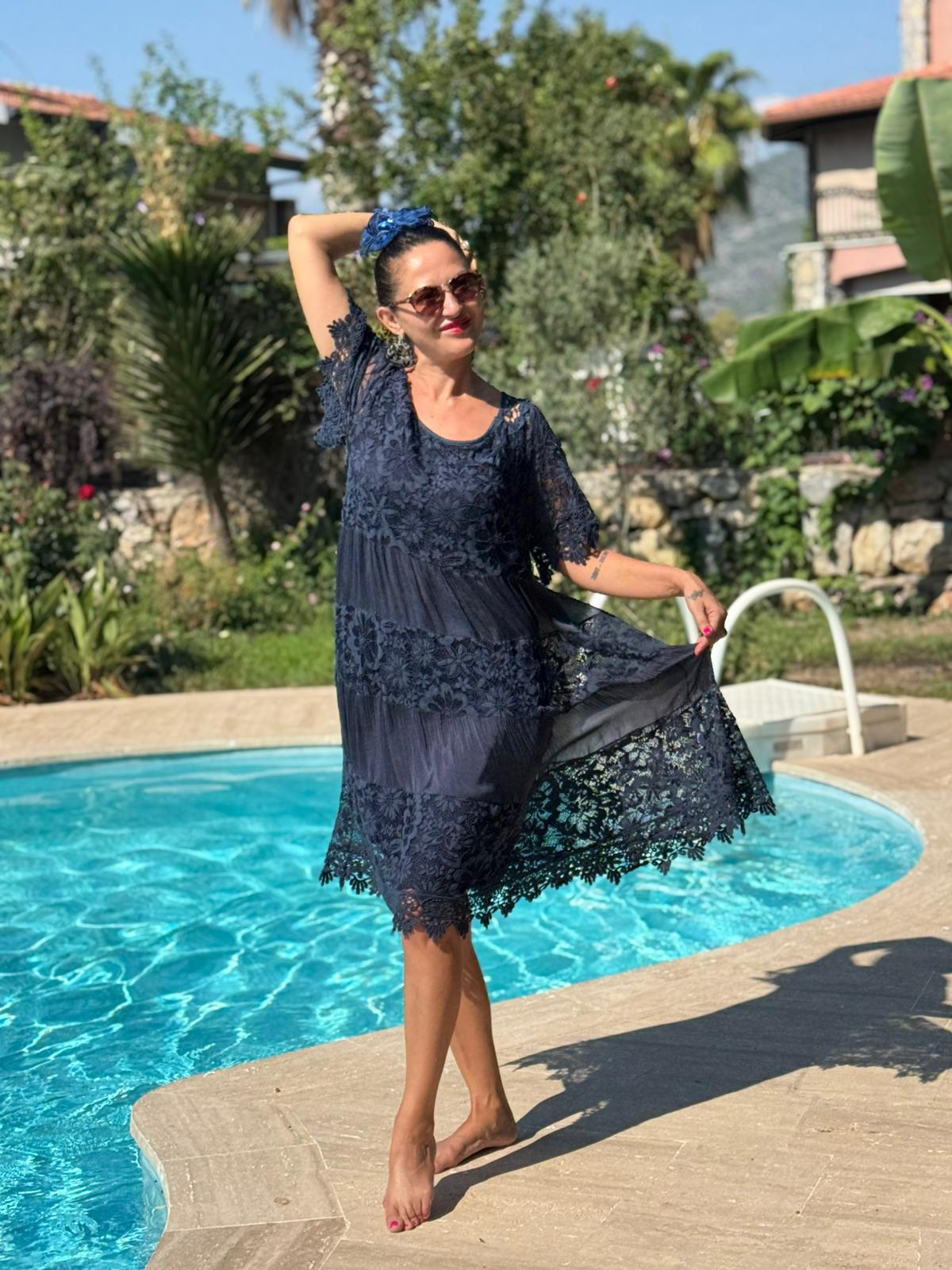 NCC10337 İtalyan İpek Elbise Lacivert