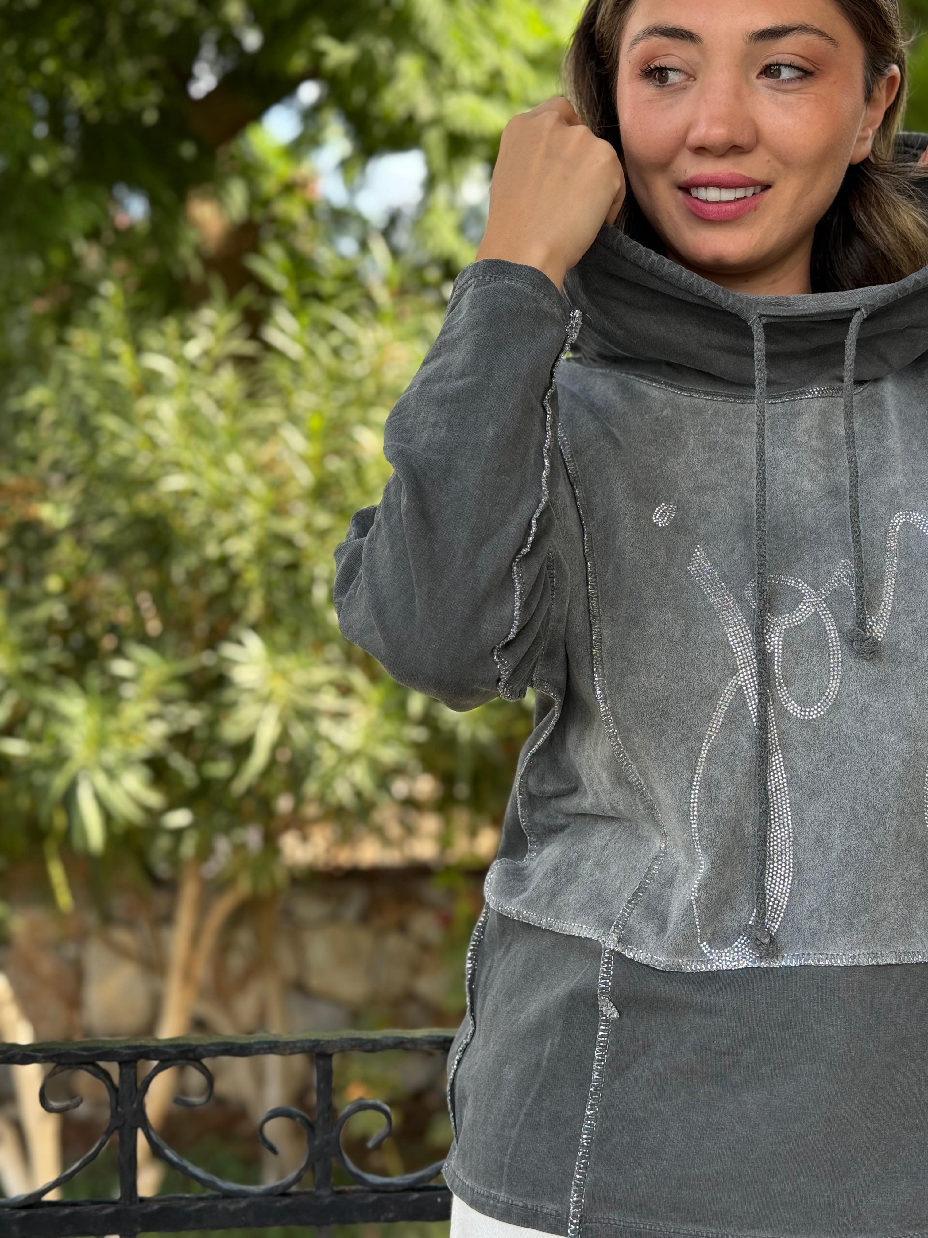 NC18533 İtalyan Joy Taşlı Kapüşonlu Coton Sweatshirt Gri