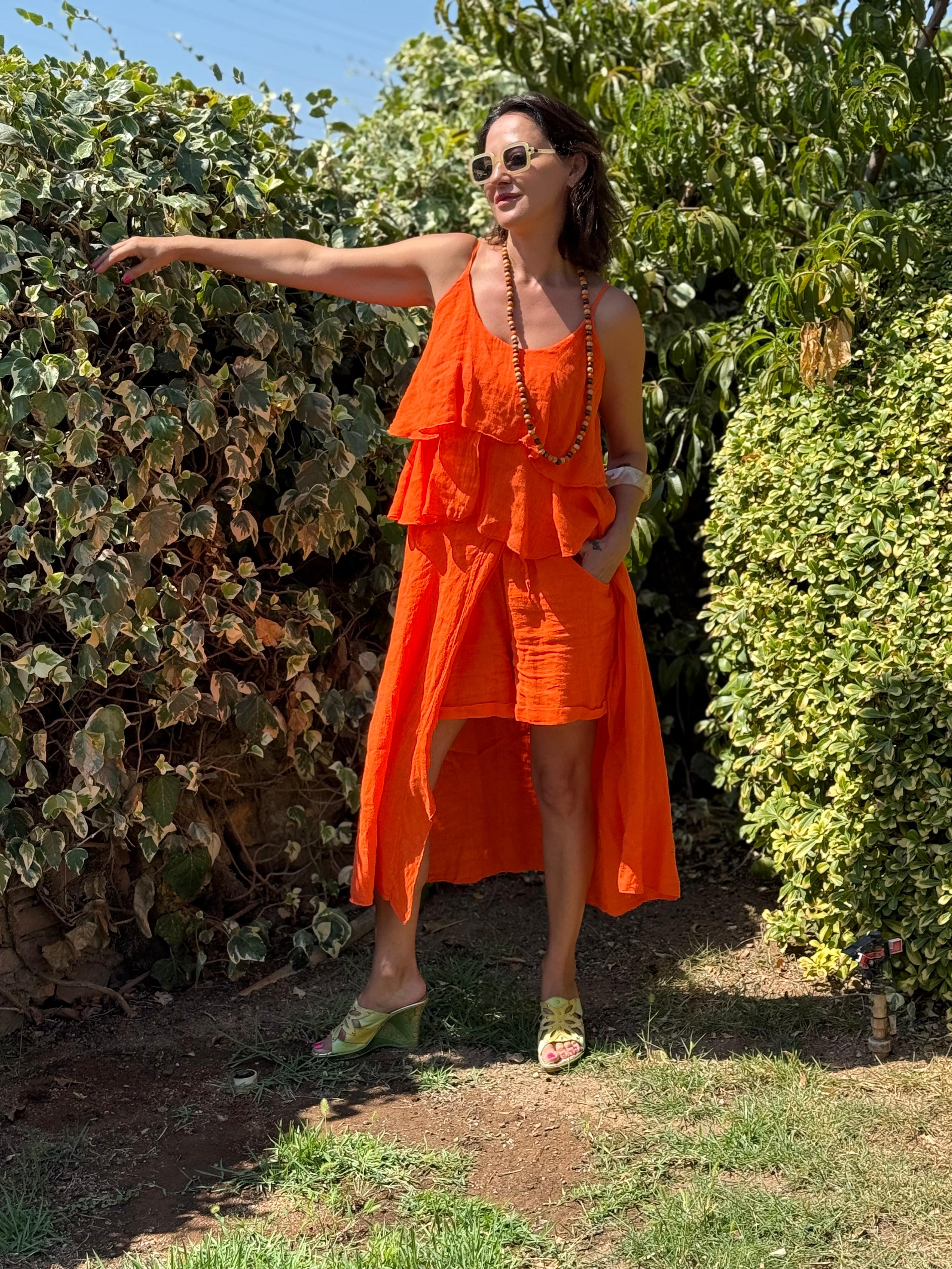 NC13179 İtalyan Keten Şortlu Takım Oranj