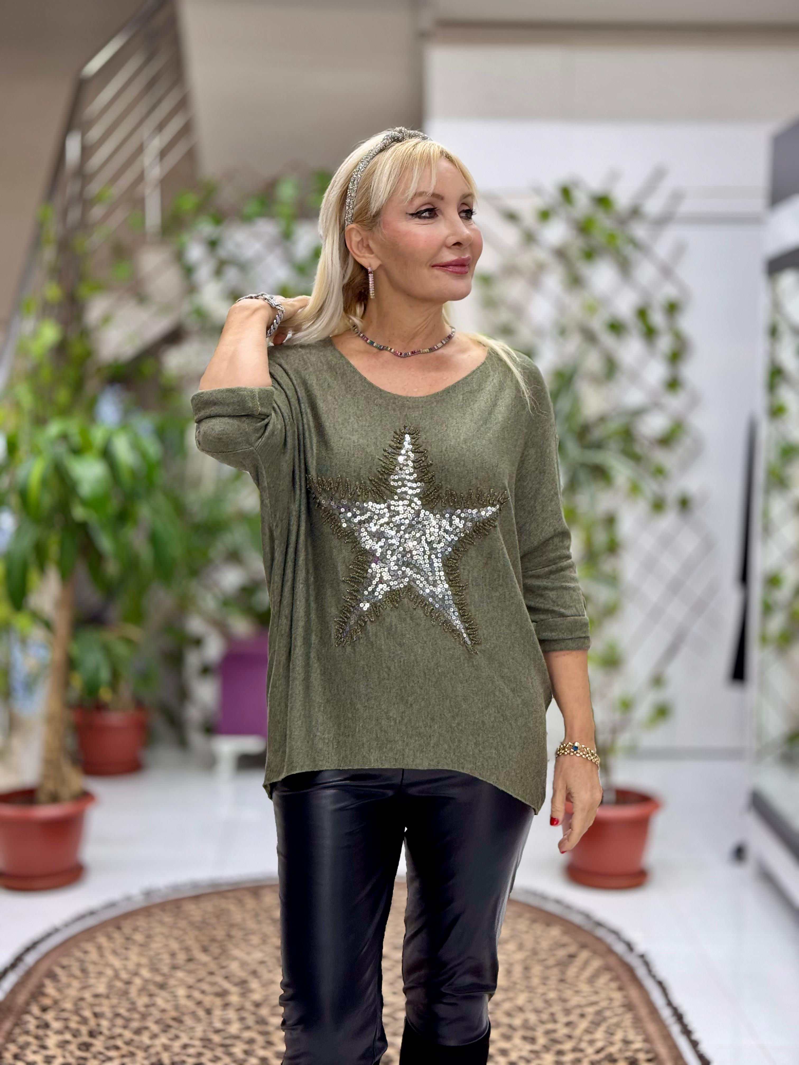 NC1778 İtalyan Yıldız desen Pulpayetli Bluz Haki