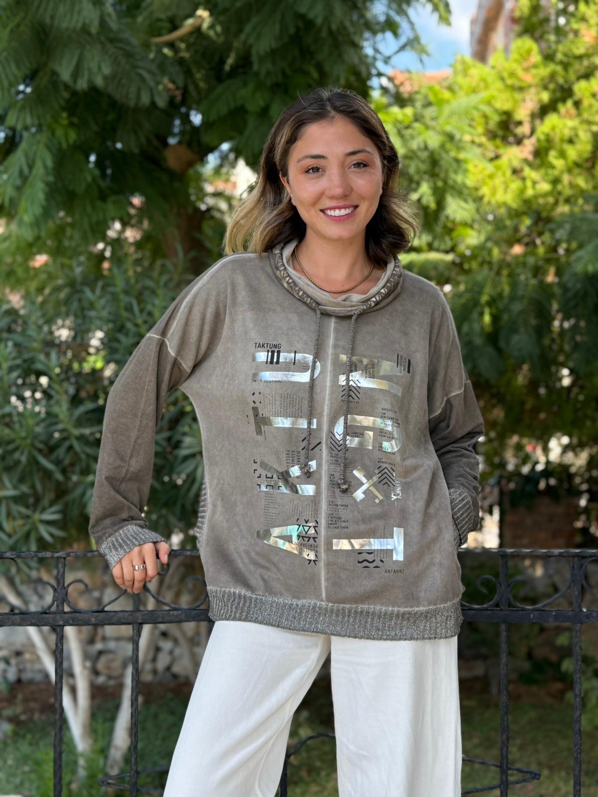 NC53050D İtalyan Yazı Baskılı Cepli Kapüşonlu Coton Sweatshirt Vizon