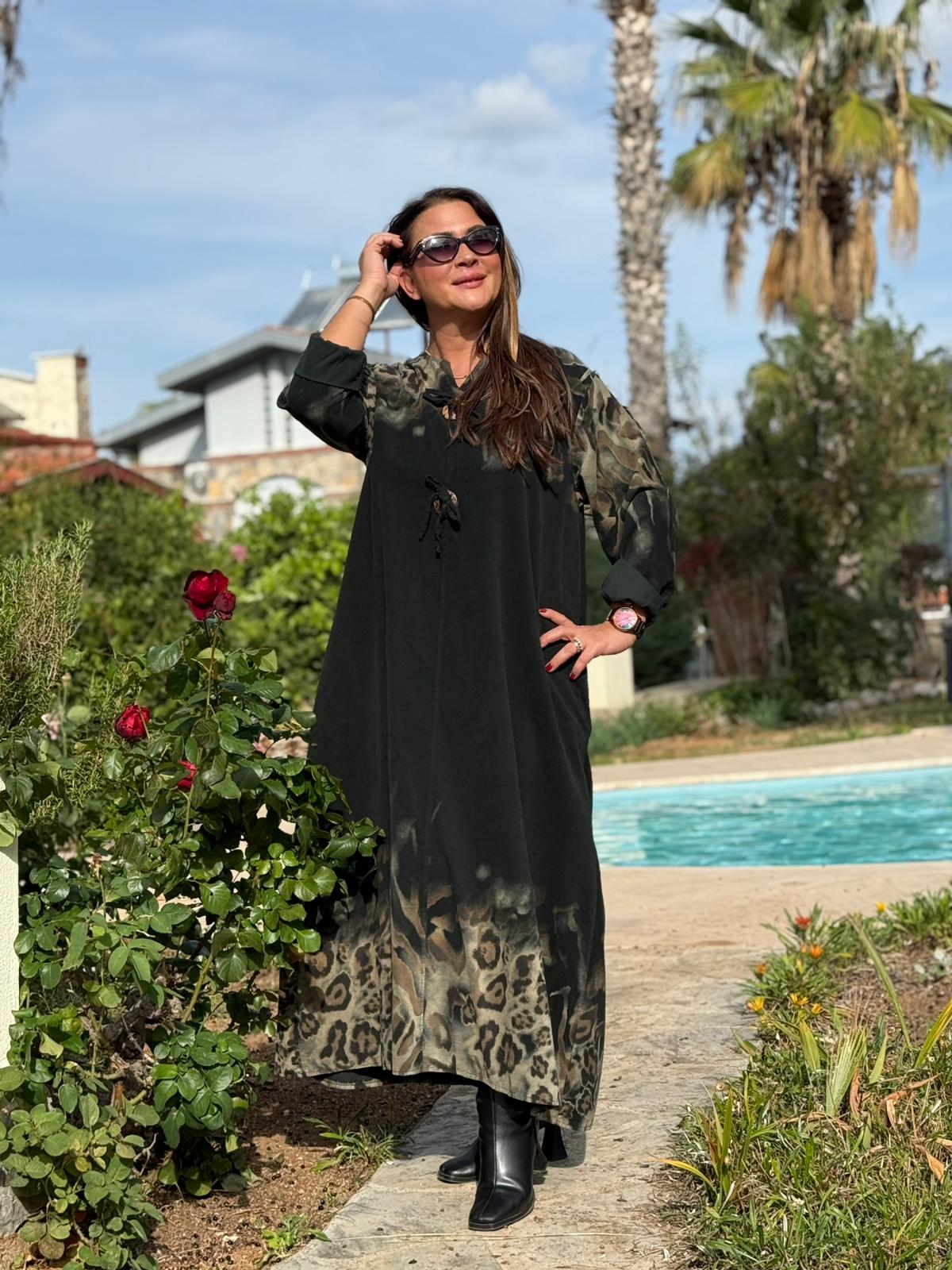 YG35027 İtalyan Leopar Desen Kadife Elbise Füme