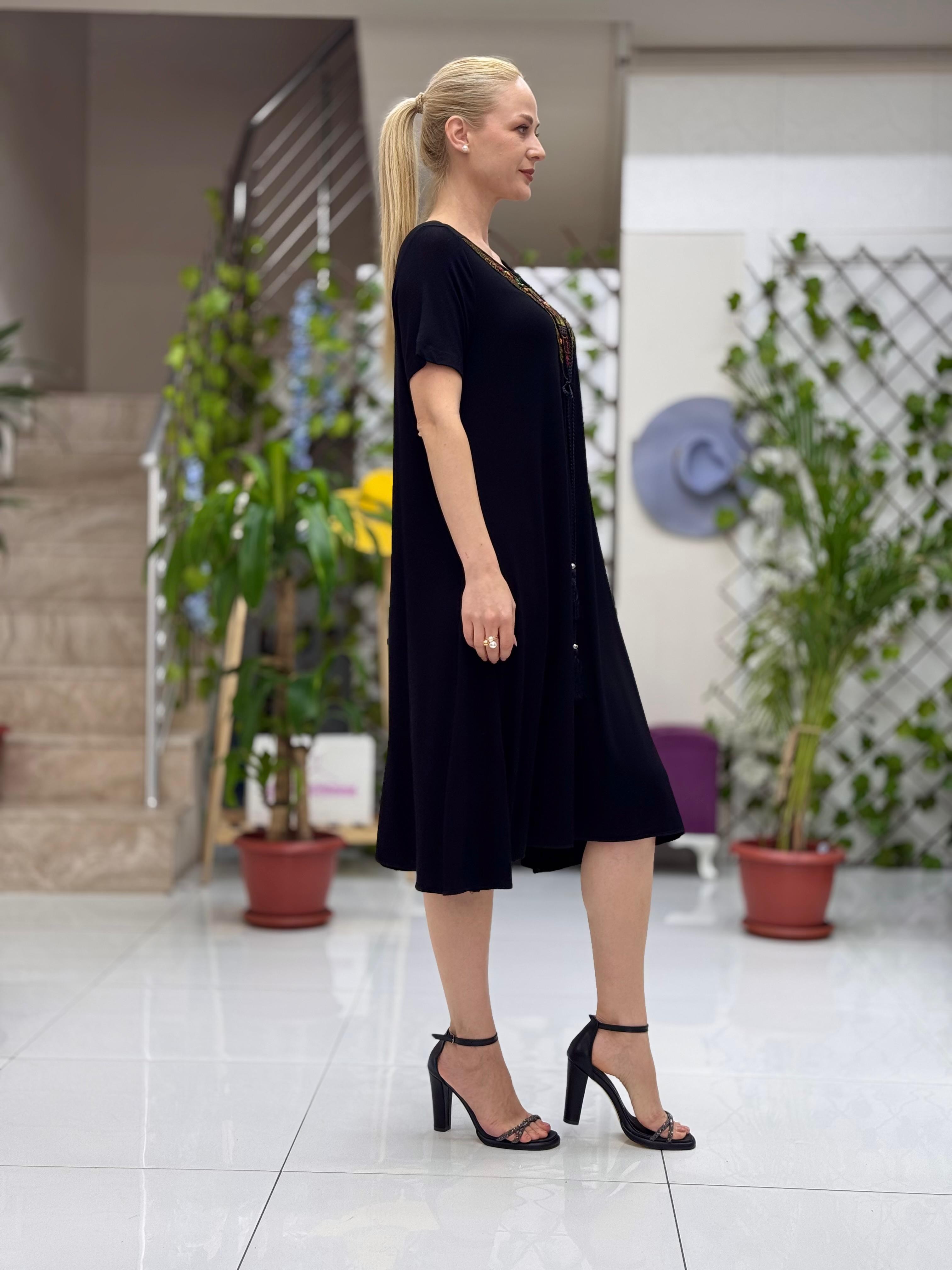 A6340 Vestido Algodón Peinado Negro Amarillo
