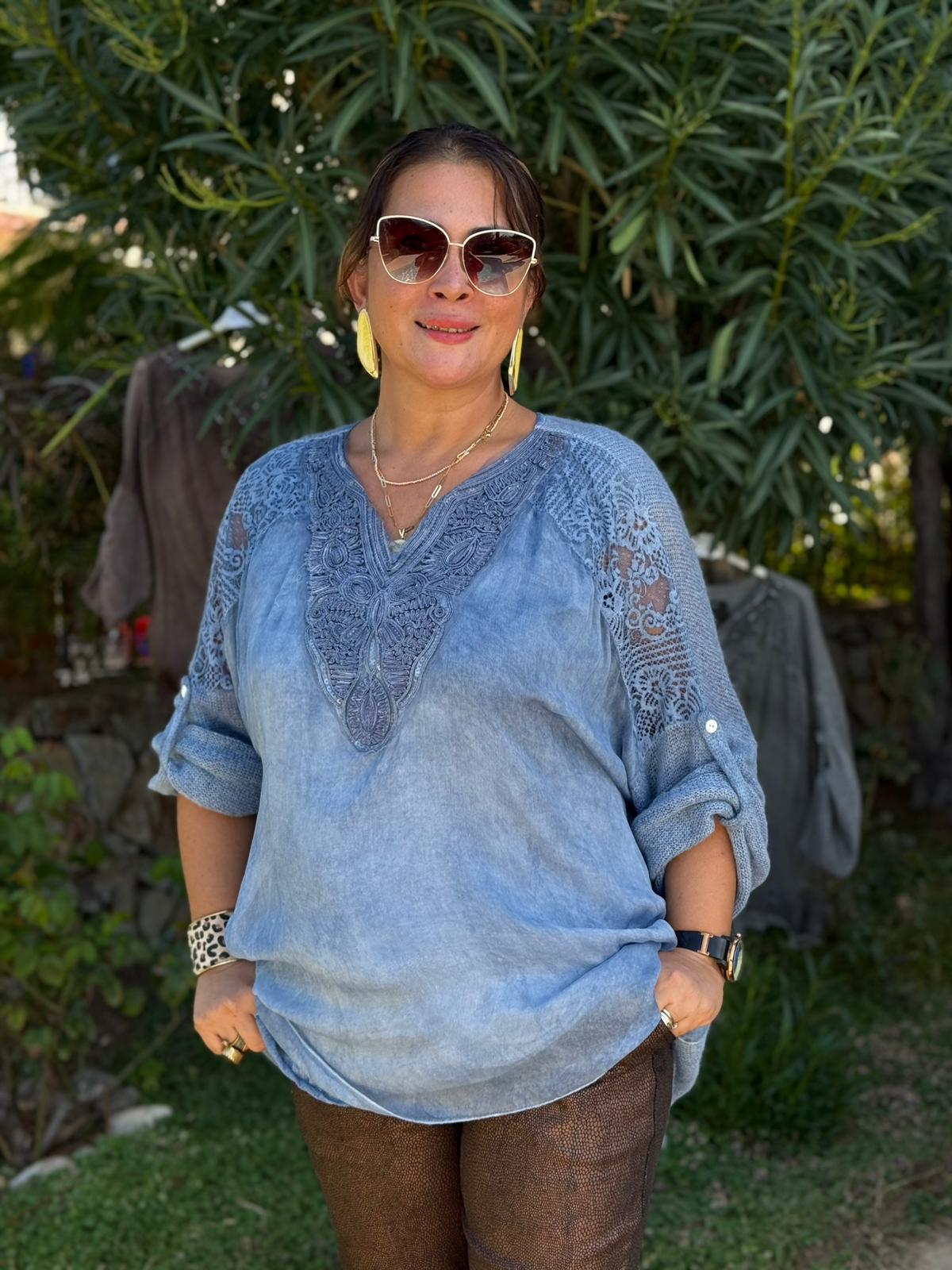 NC1868 Pul Payetli Omuz Dantelli İpek Triko İtalyan Bluz Mavi