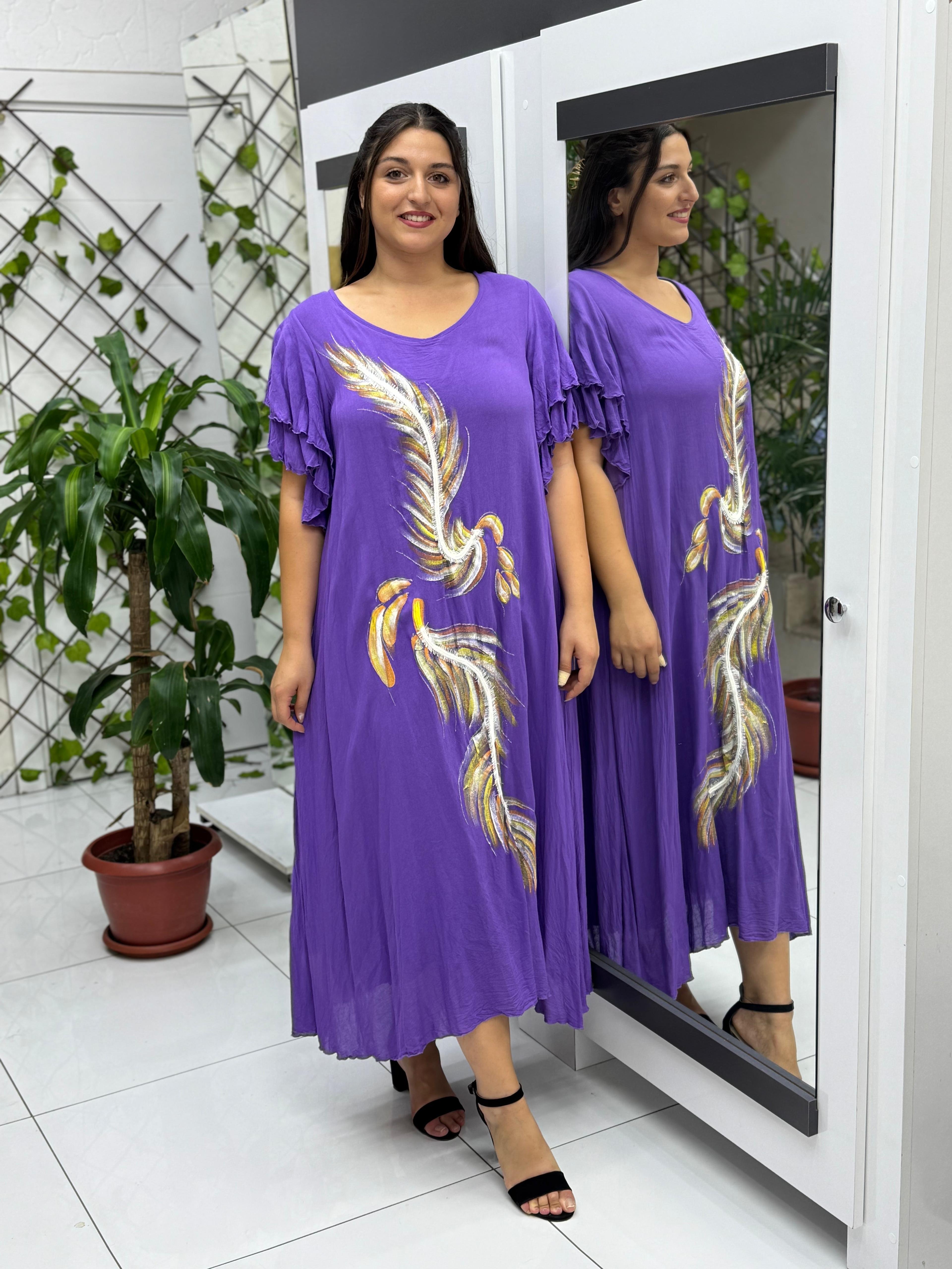 VL9636 Tüy Baskılı Yarım Kol Vual Elbise Mor