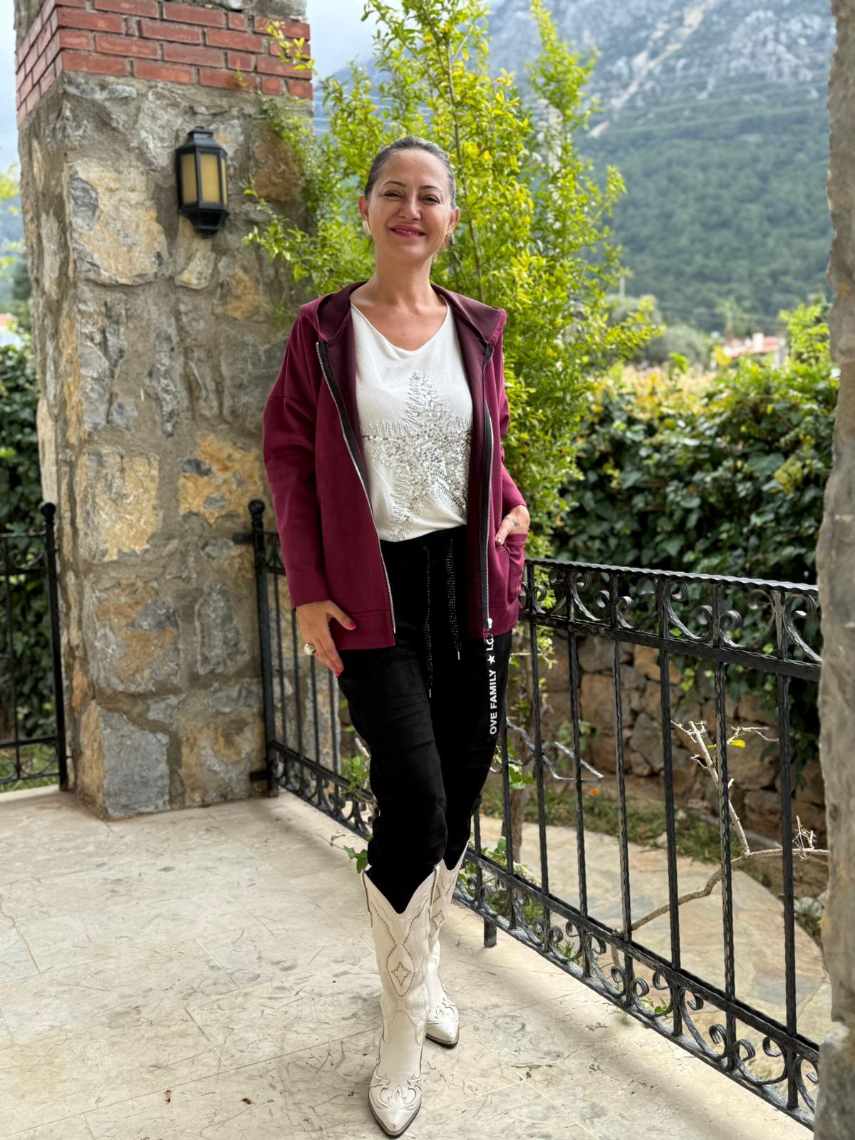 YG12477 Kapişonlu Süet İtalyan Ceket Vişne