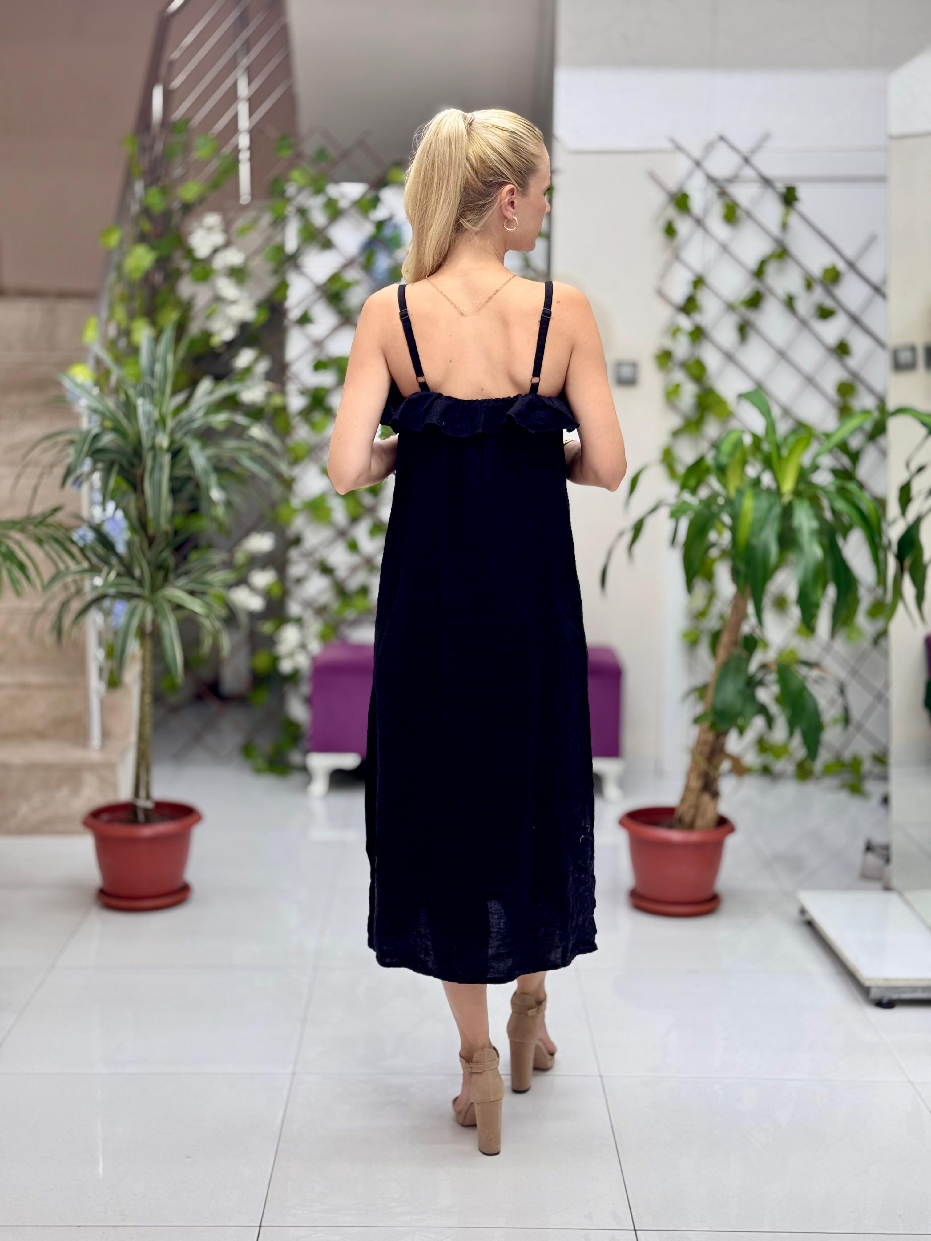 NC2132 İp Askılı Keten Önü Fırfırlı İtalyan Elbise Siyah