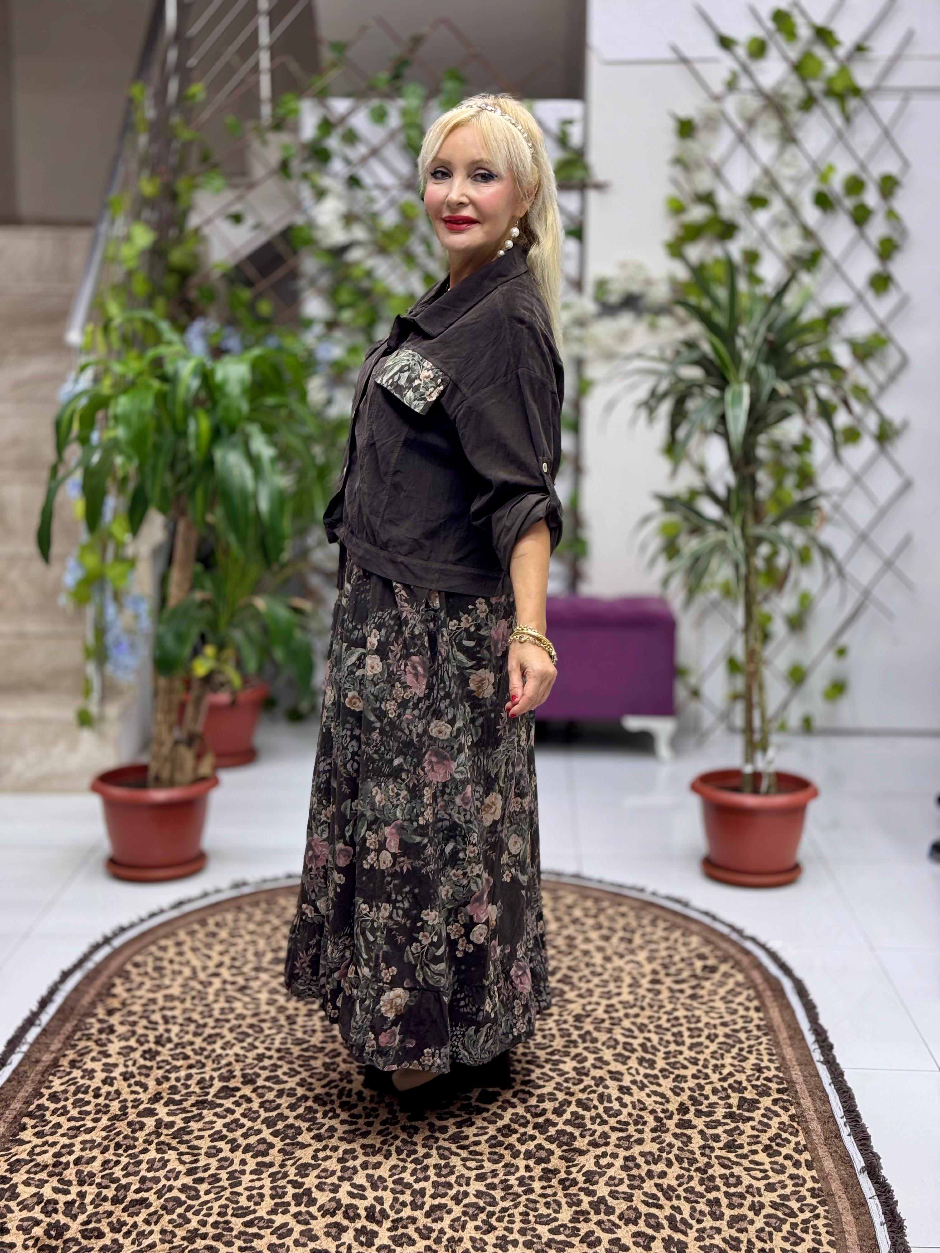 NC25001 İtalyan Kadife Çiçekli Elbise Ceket Takım Koyu Kahverengi