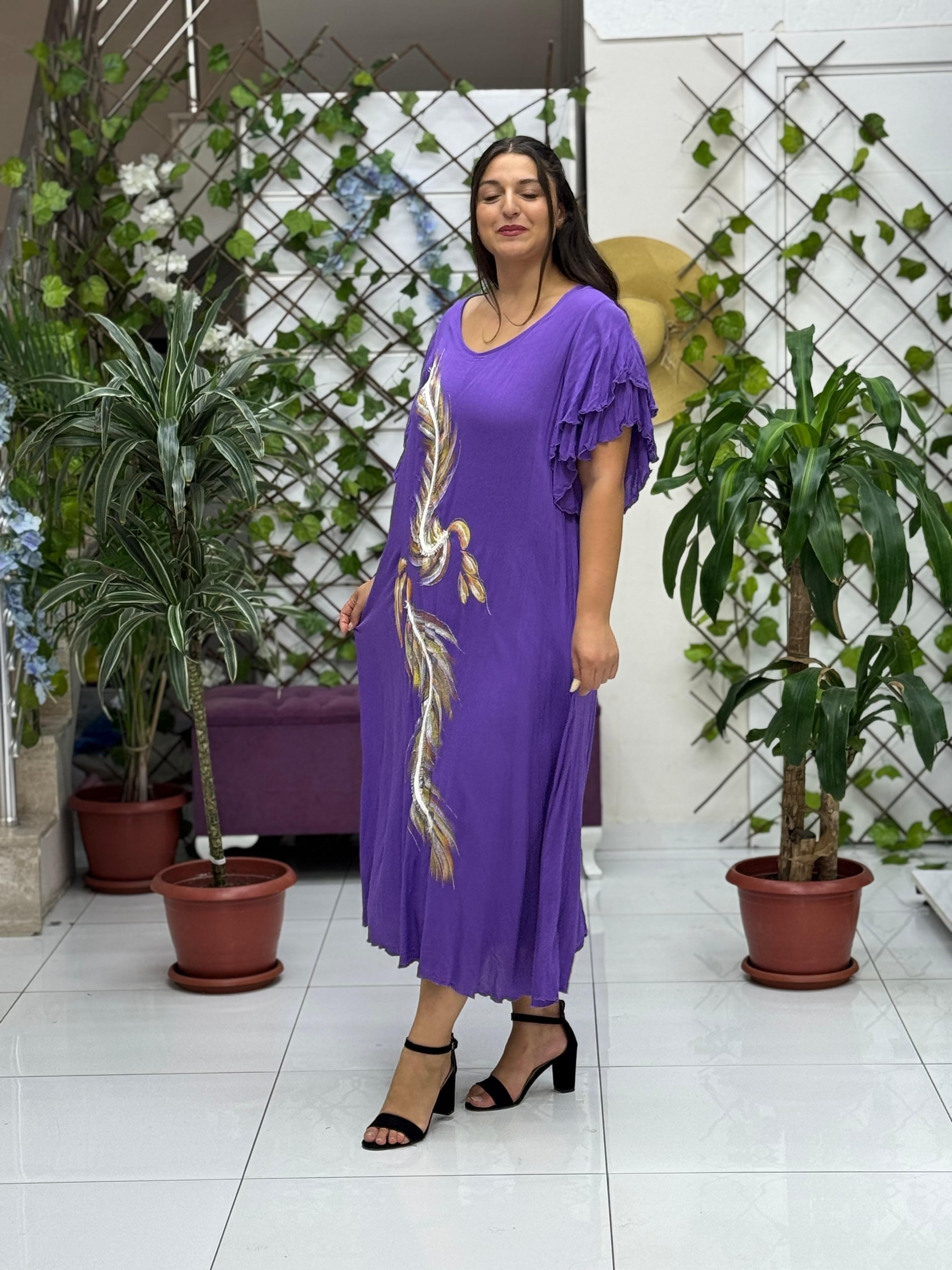VL9636 Tüy Baskılı Yarım Kol Vual Elbise Mor
