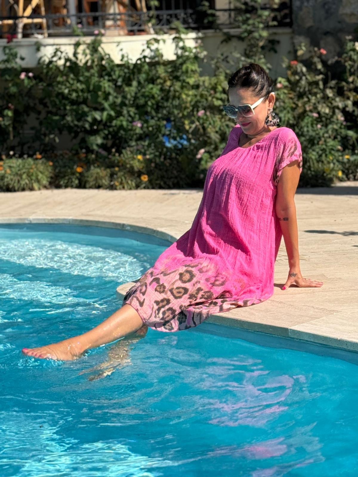 NC50848 İtalyan Pamuk Keten Astarlı Elbise Pembe