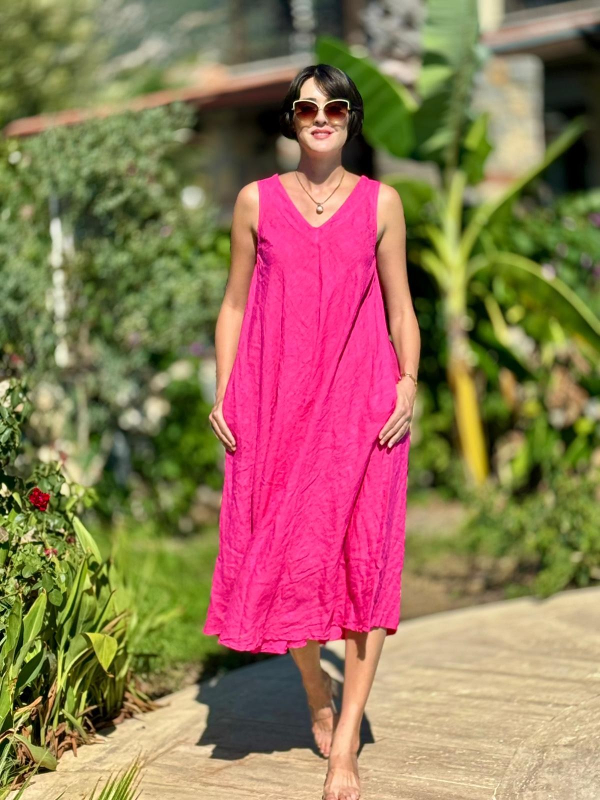 NC14916 İtalyan Kolsuz Keten Elbise Pembe