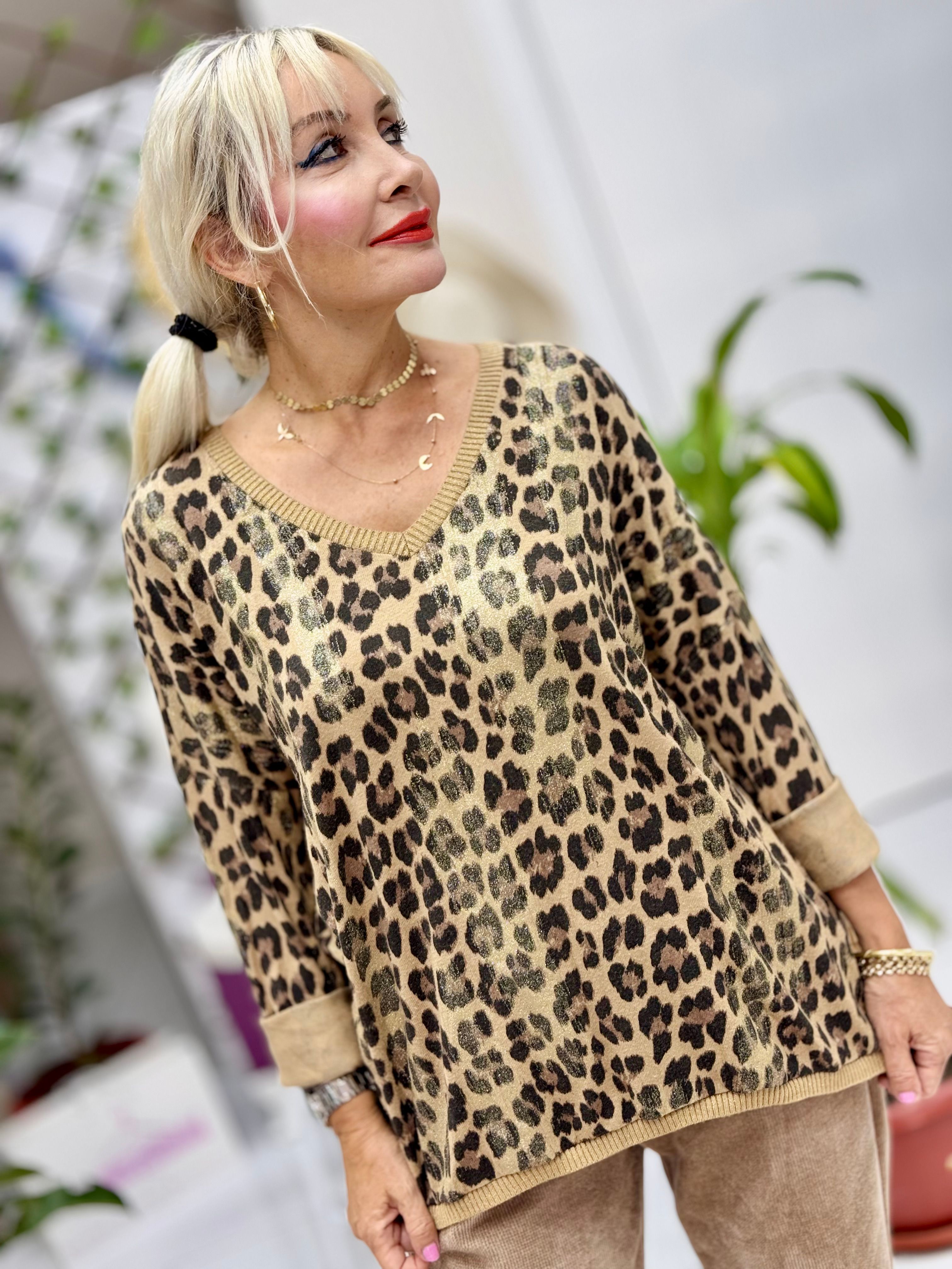 P24501 İtalyan Simli Leopar Bluz Camel