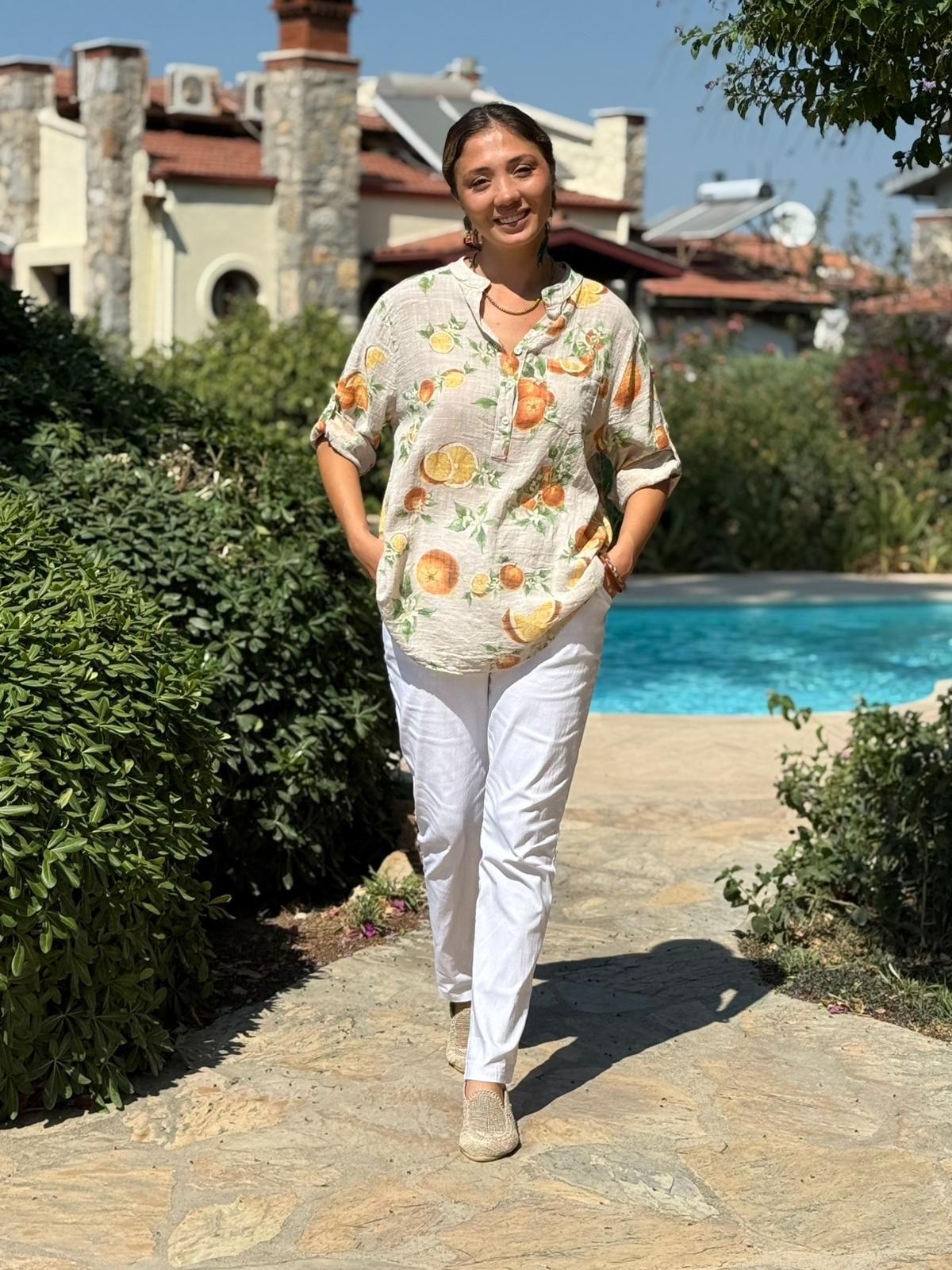 NC154553 İtalyan Pamuk Keten Bluz Krem