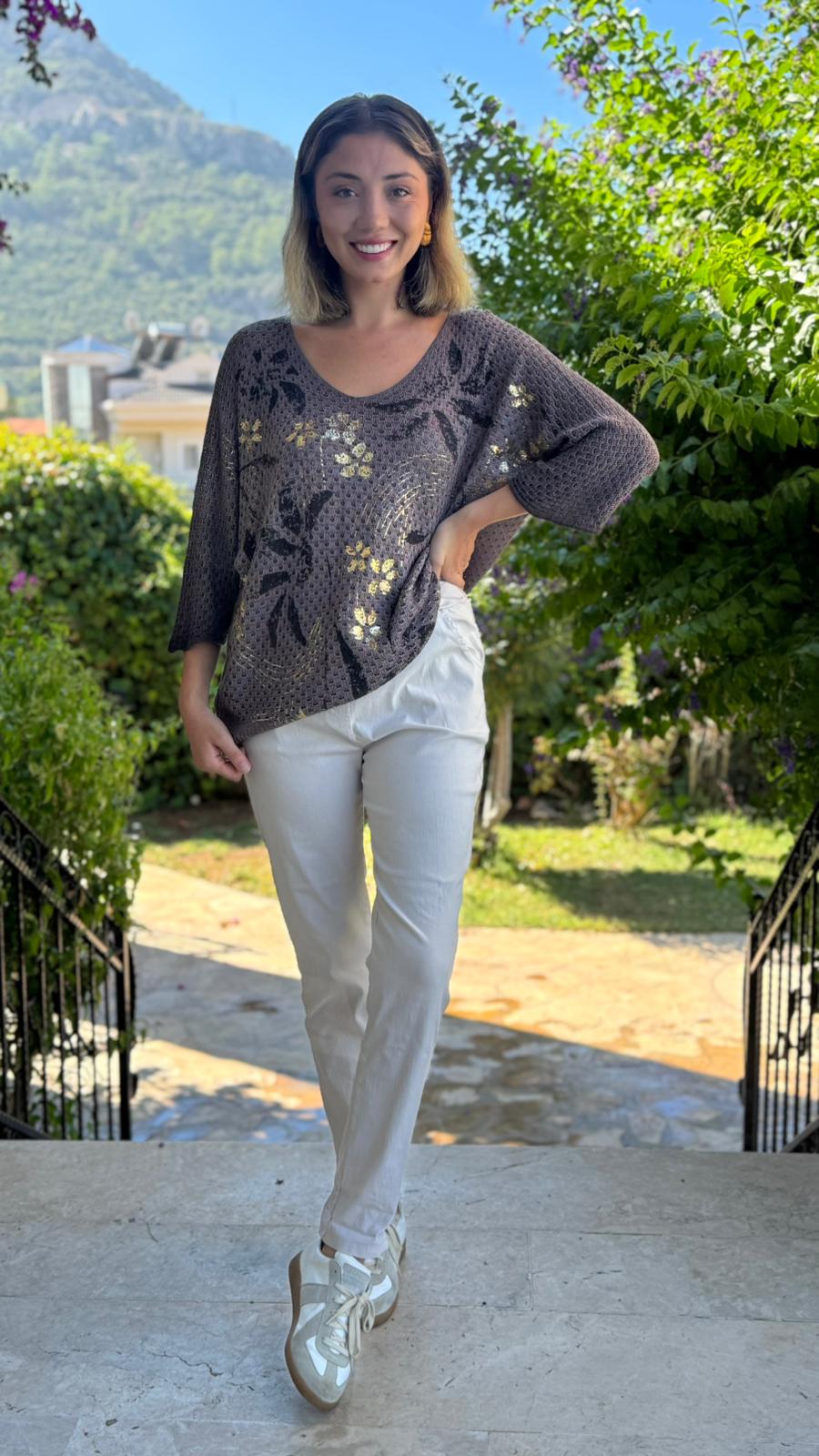 LS7514 İtalyan Yaprak Desen Triko Bluz Kahverengi