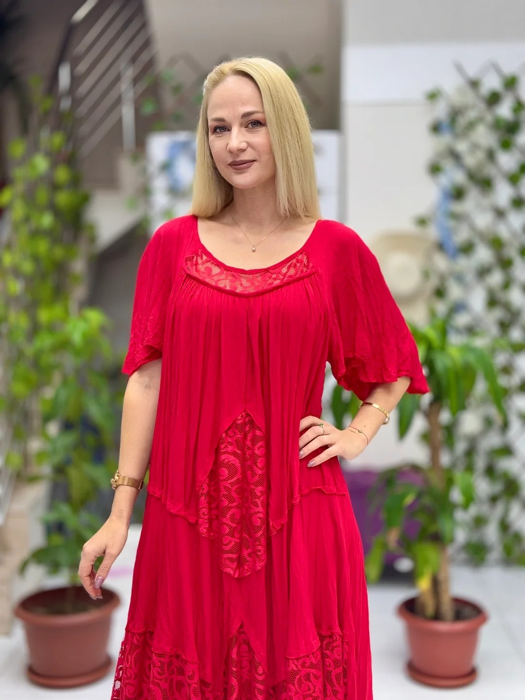 VL11055 Pencereli Vual Elbise Kırmızı