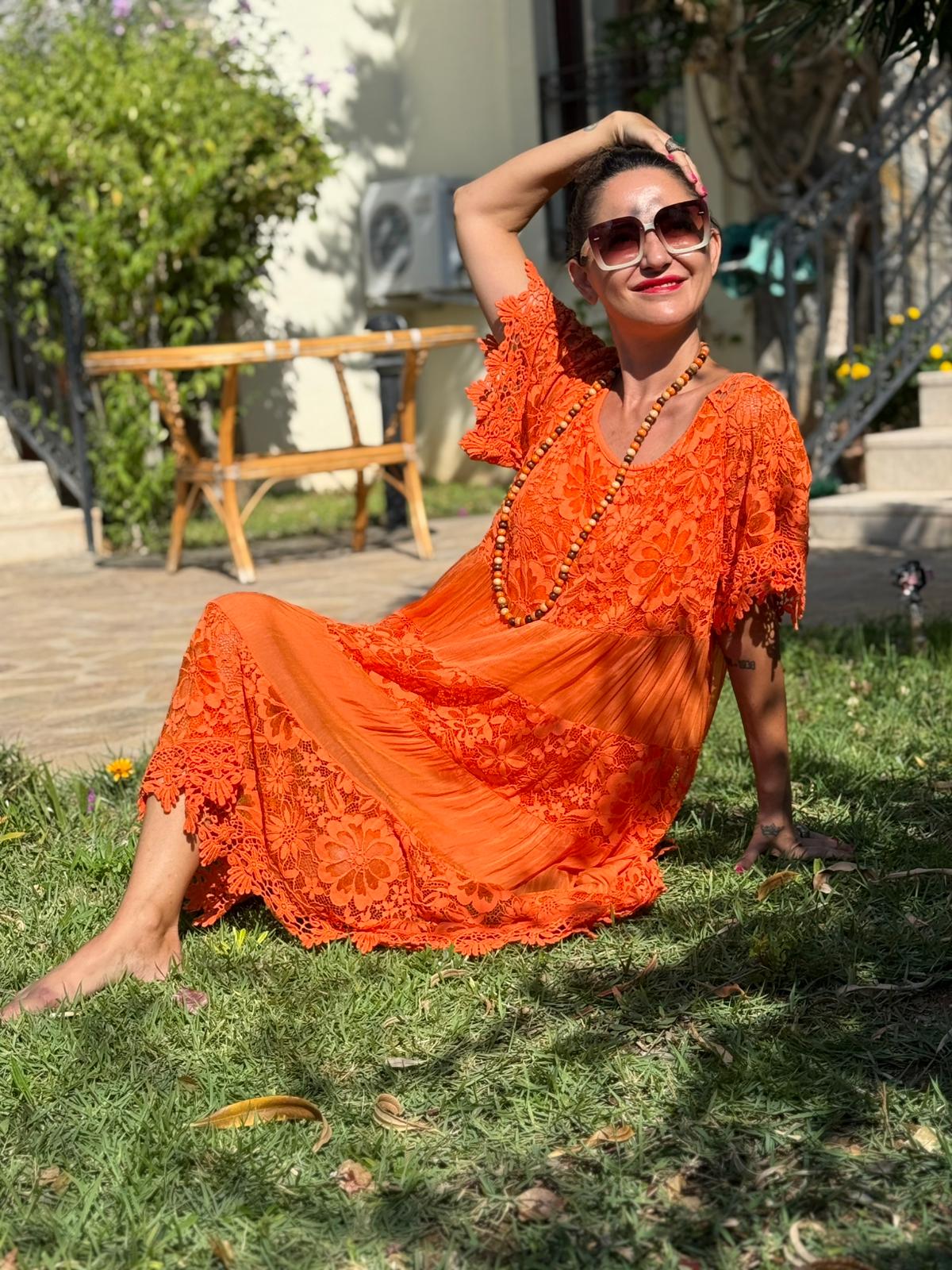 NCC10337 İtalyan İpek Elbise Oranj