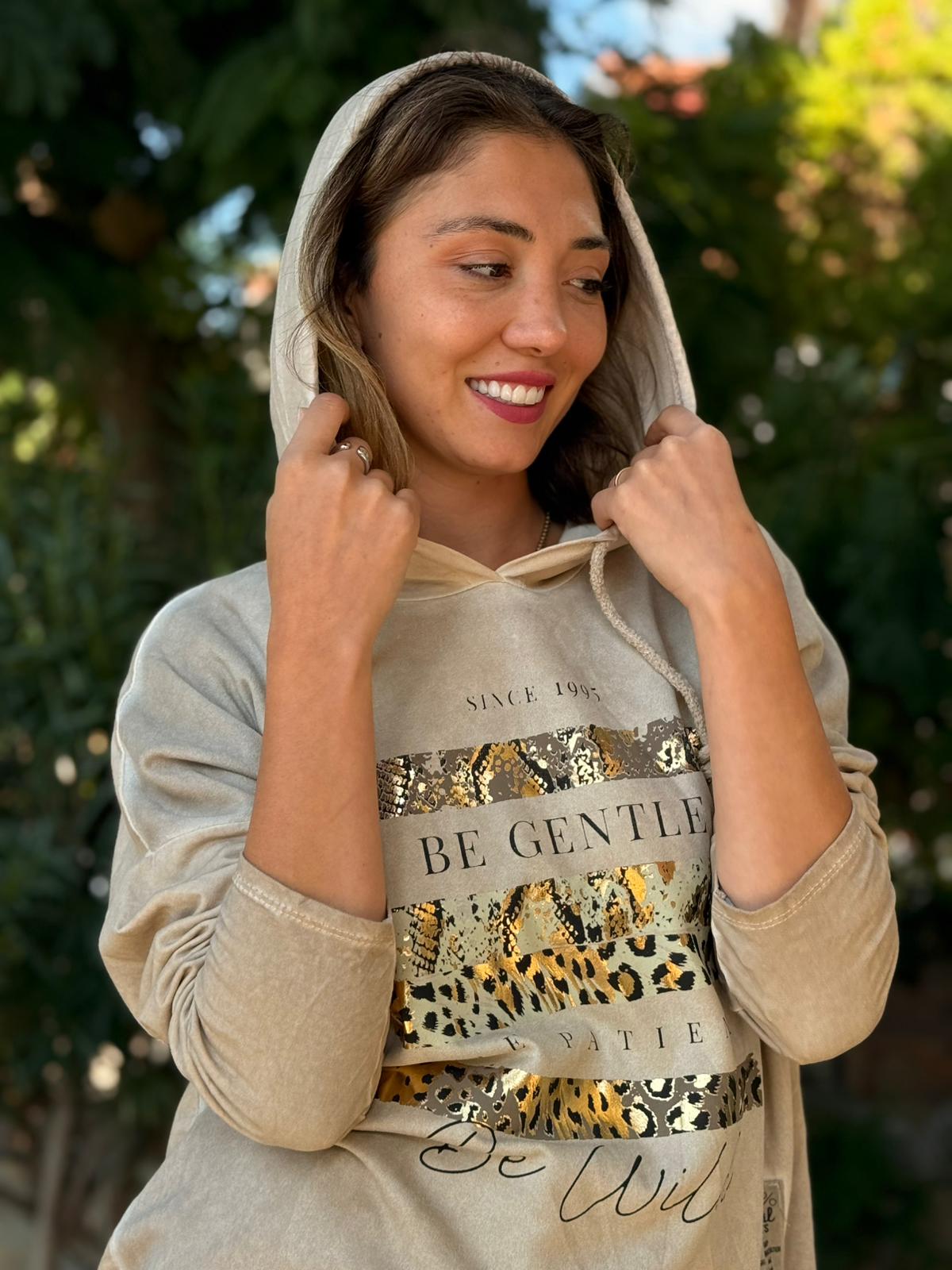 NC56152 İtalyan Leopar Baskılı Kapüşonlu Sweatshirt Krem