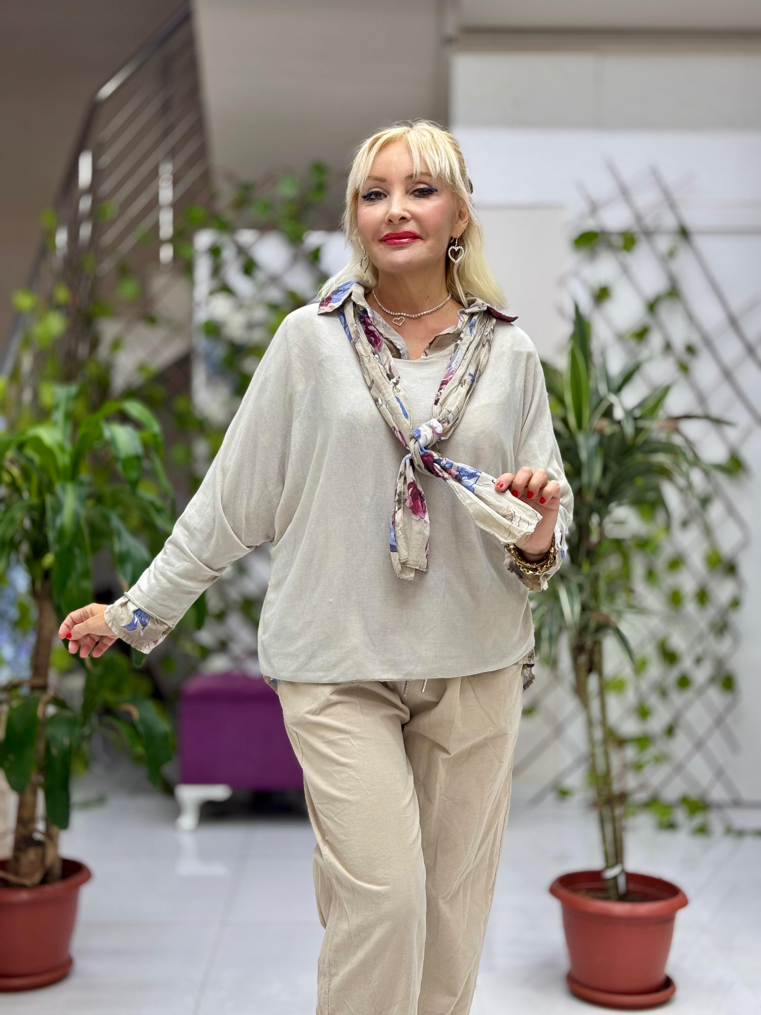 NC23091 İtalyan Fular Gömlek Triko Bluz Üçlü Takım Bej