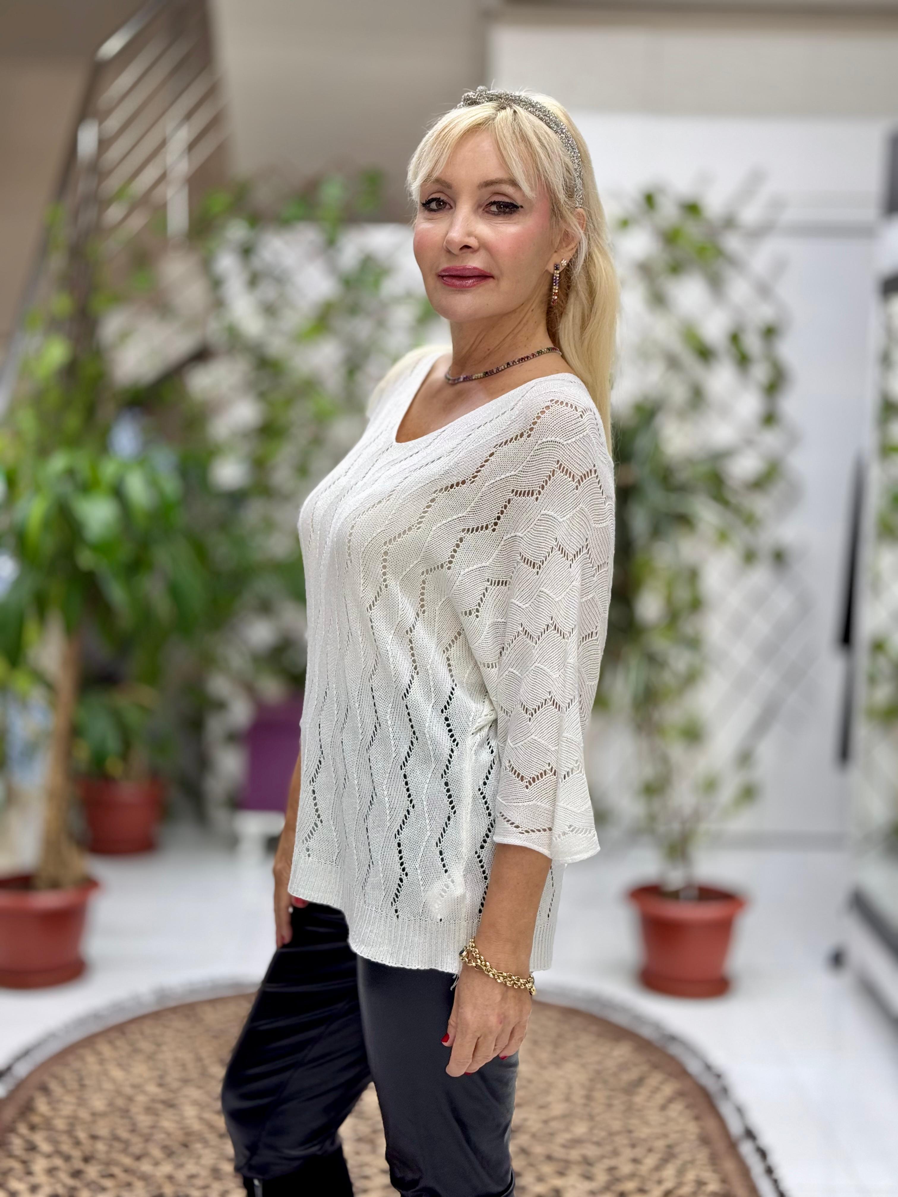 NC6071 İtalyan Fakir Kol Zikzak Desenli İnce Triko Bluz Beyaz