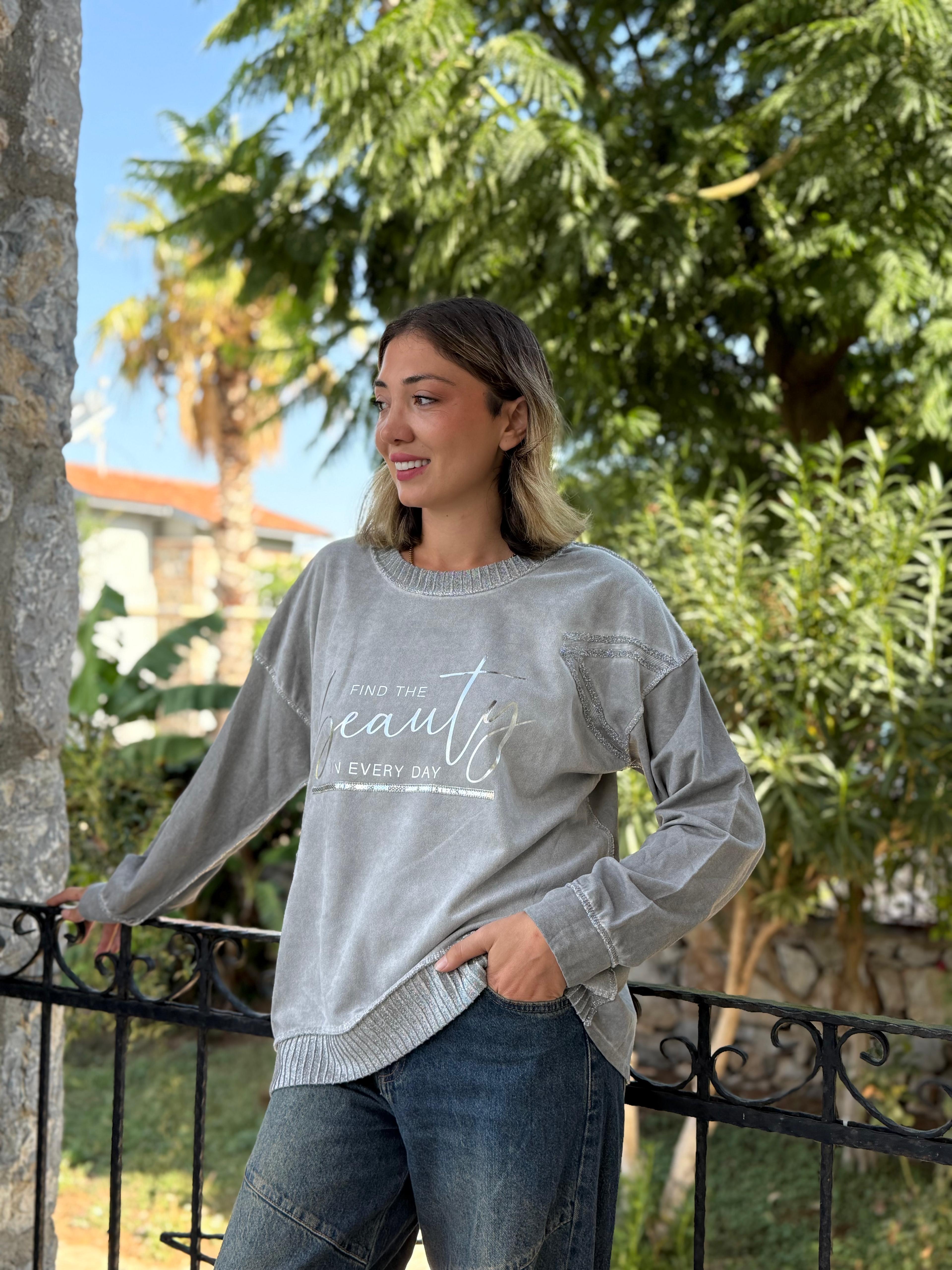 NC50793 İtalyan Beauty Yazılı Coton Sweatshirt Gri