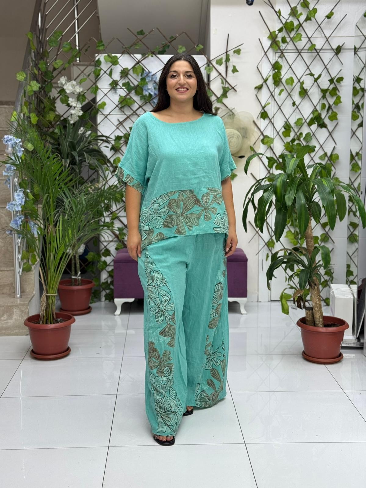 NC61253 İtalyan Çiçek Baskılı Keten Takım Mint