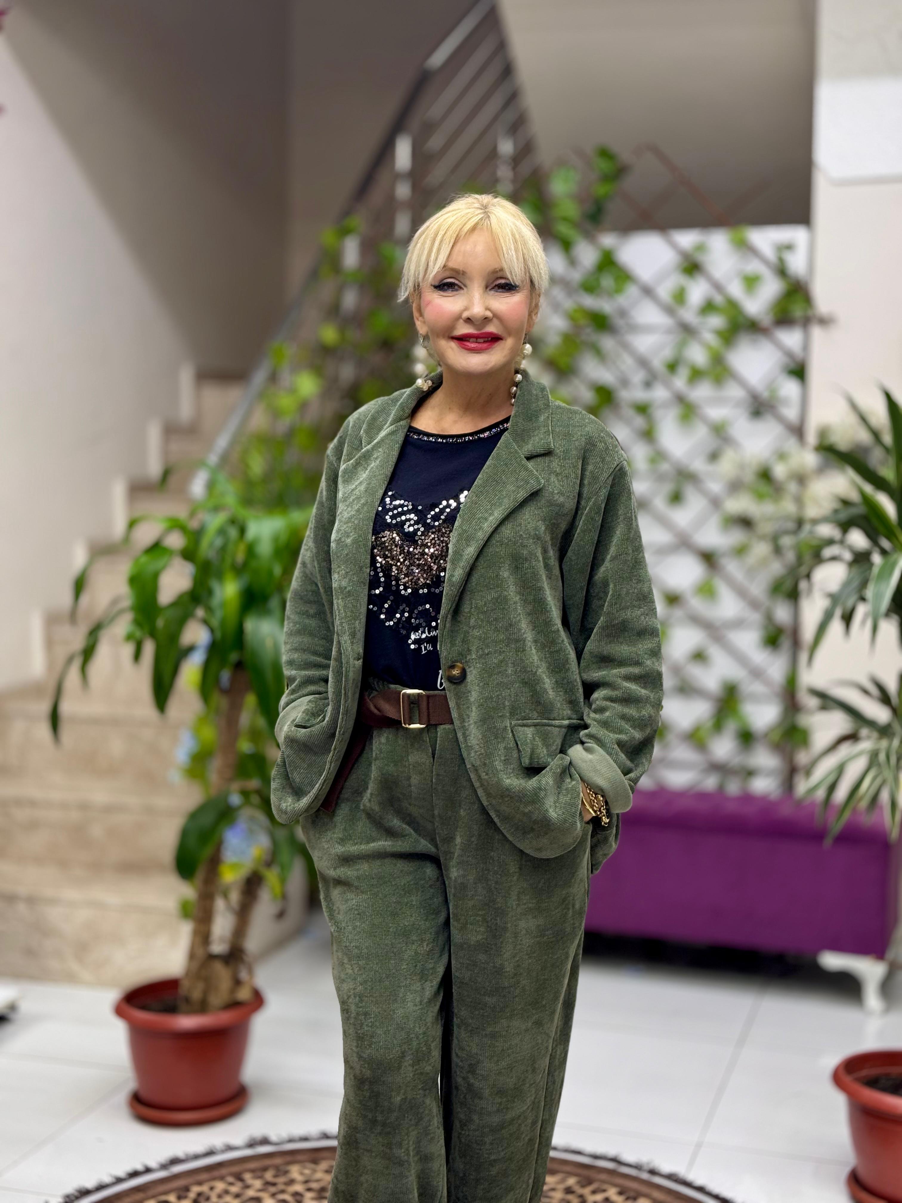 YG683089 Tek Düğme İtalyan Ceket Pantolon Kadife Takım Haki