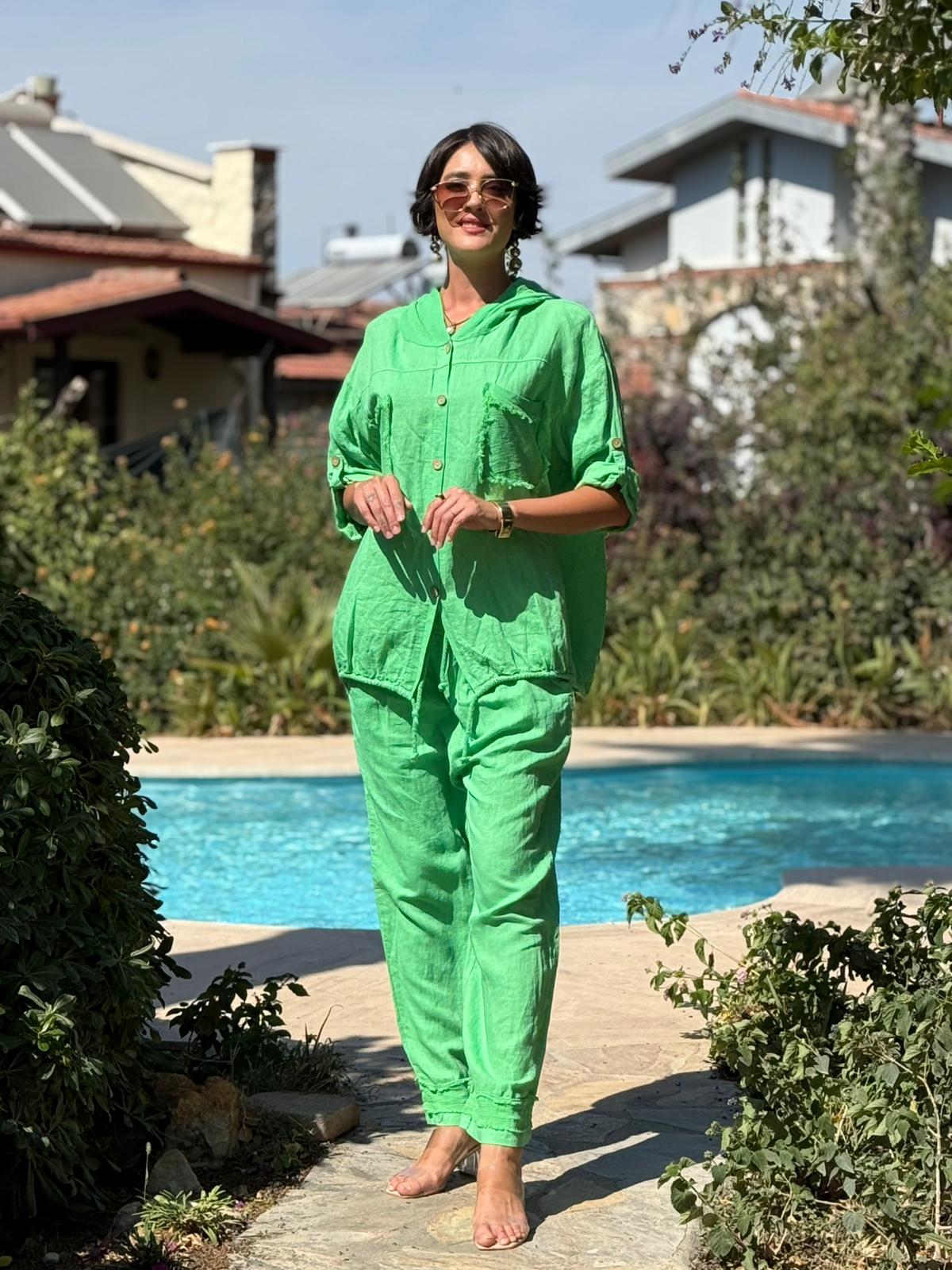 PT2256 İtalyan Önü Cepli Kapüşonlu Keten Takım Yeşil