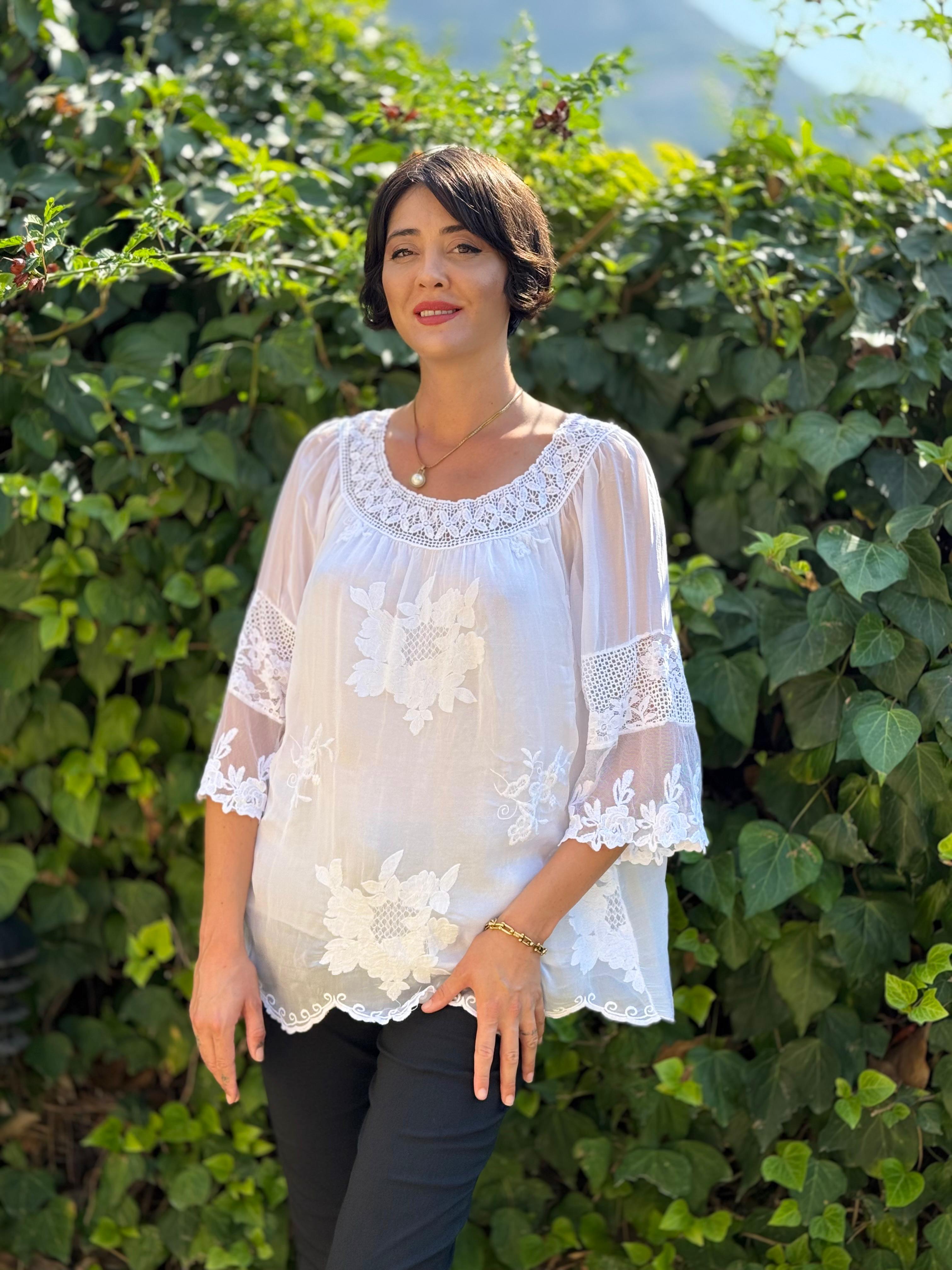 NC9146 Yaka ve Kol Dantelli İtalyan İpek Bluz Beyaz