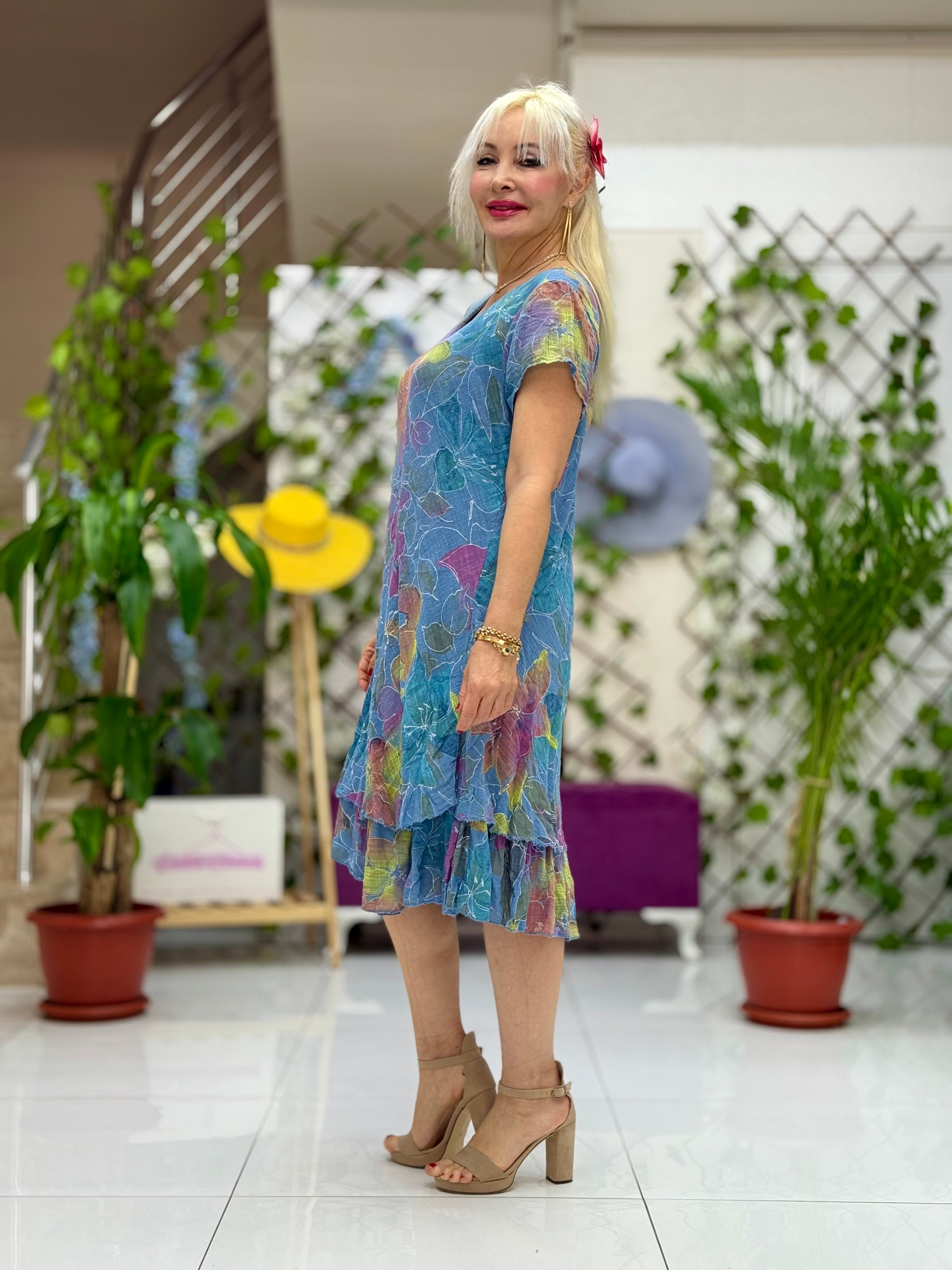N5012-26 Vestido Italiano Manga Corta Algodón Lino Azul