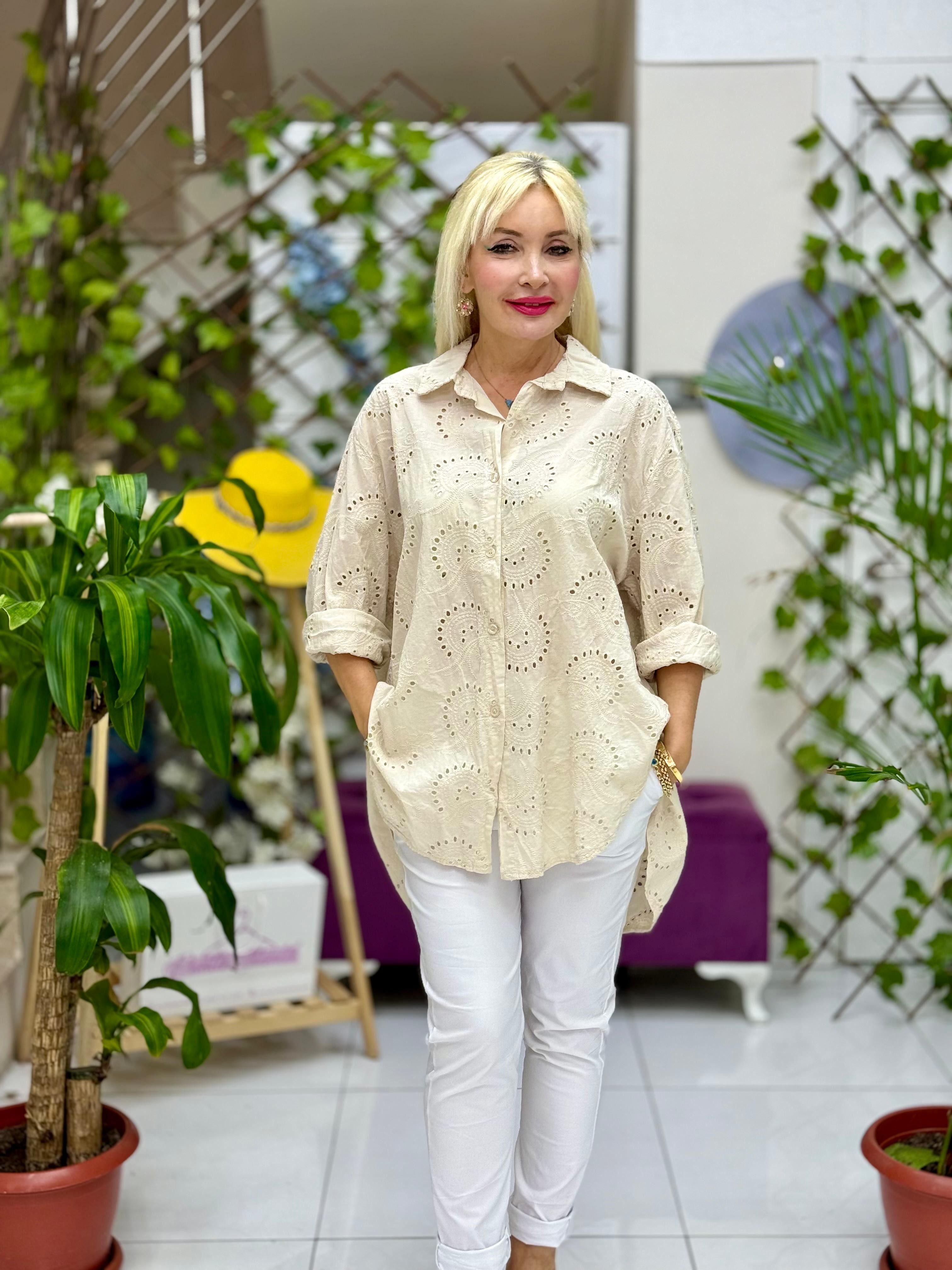 YG3731 İtalyan Brodeli Tunik Gömlek krem
