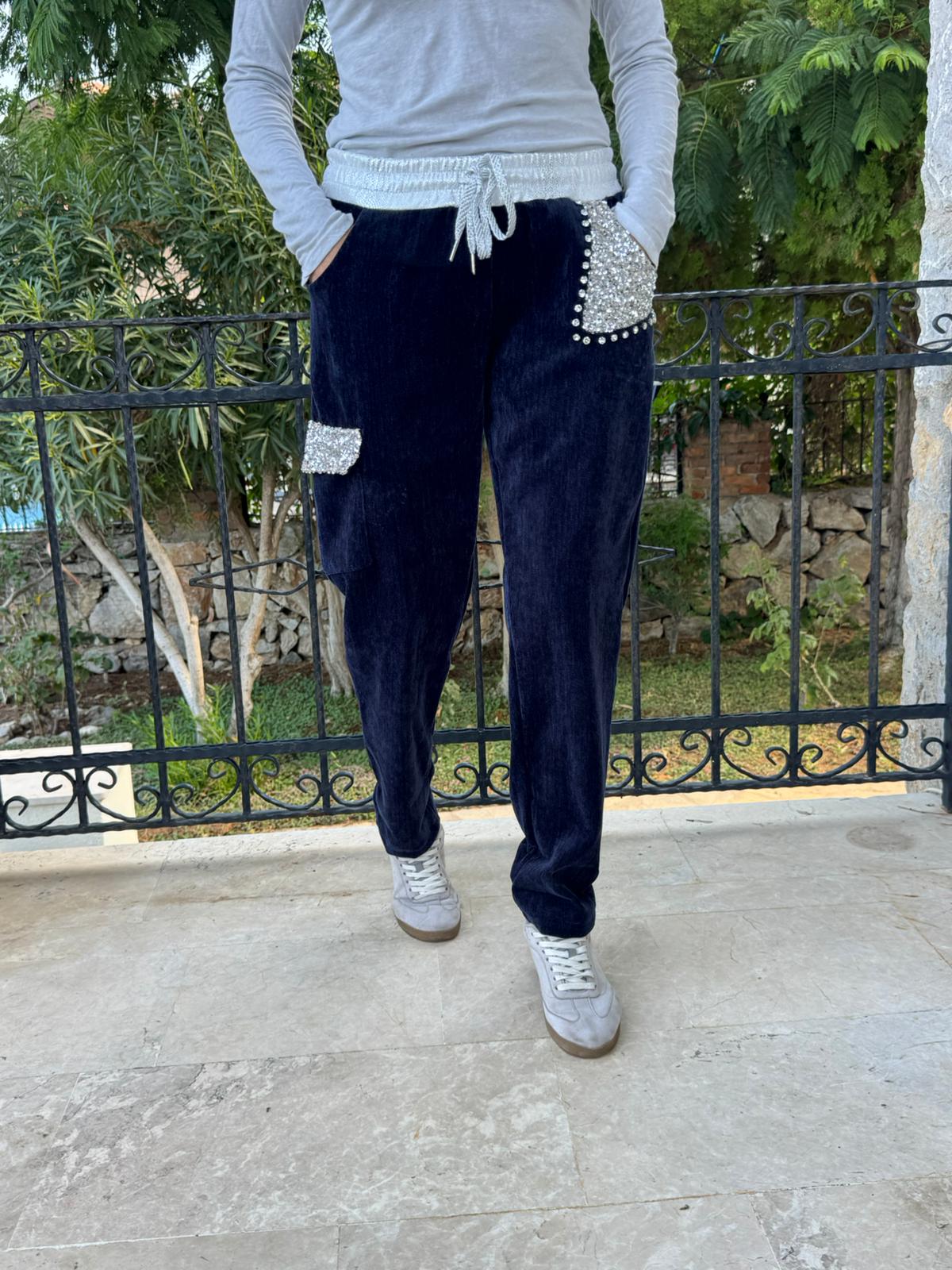 LS13220 İtalyan Cebi Taşlı Kadife Pantolon Lacivert