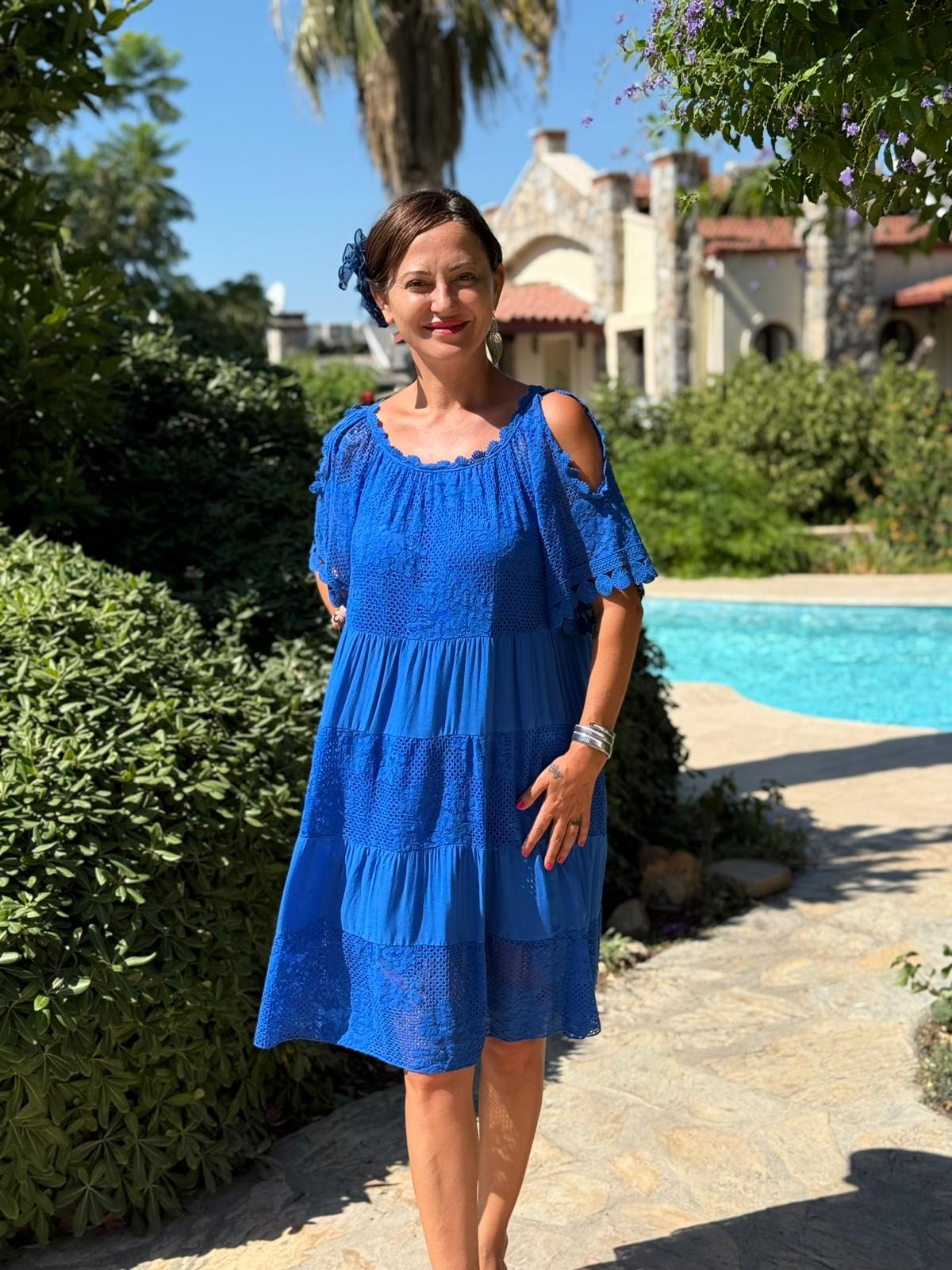 NC10453 İtalyan Yarım Kol Omuz Pencereli Dantelli Coton Elbise Saks