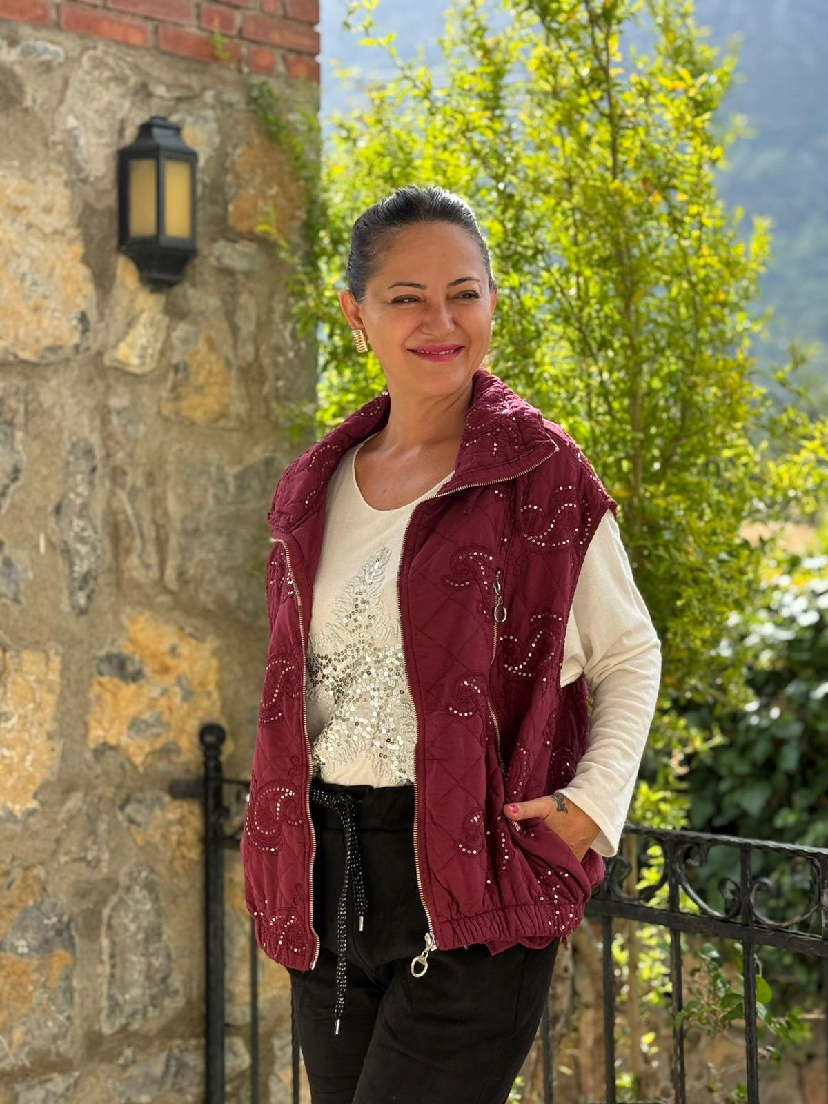 NC61582 Pul Payetli Balıkçı Yaka İtalyan Kapitone Yelek Bordo