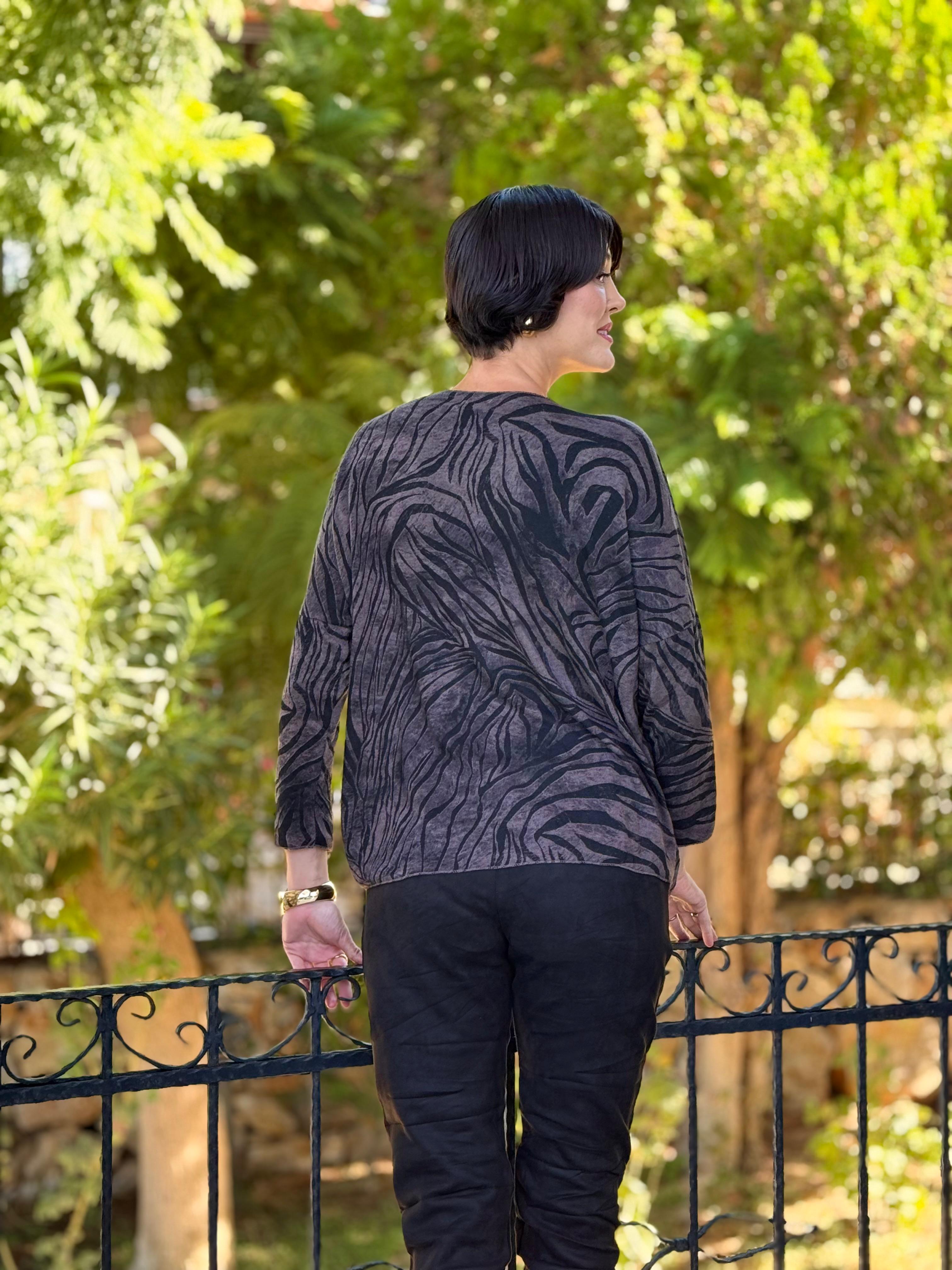 NC11285 İtalyan V Yaka Zebra Desenli Triko Bluz Kahve