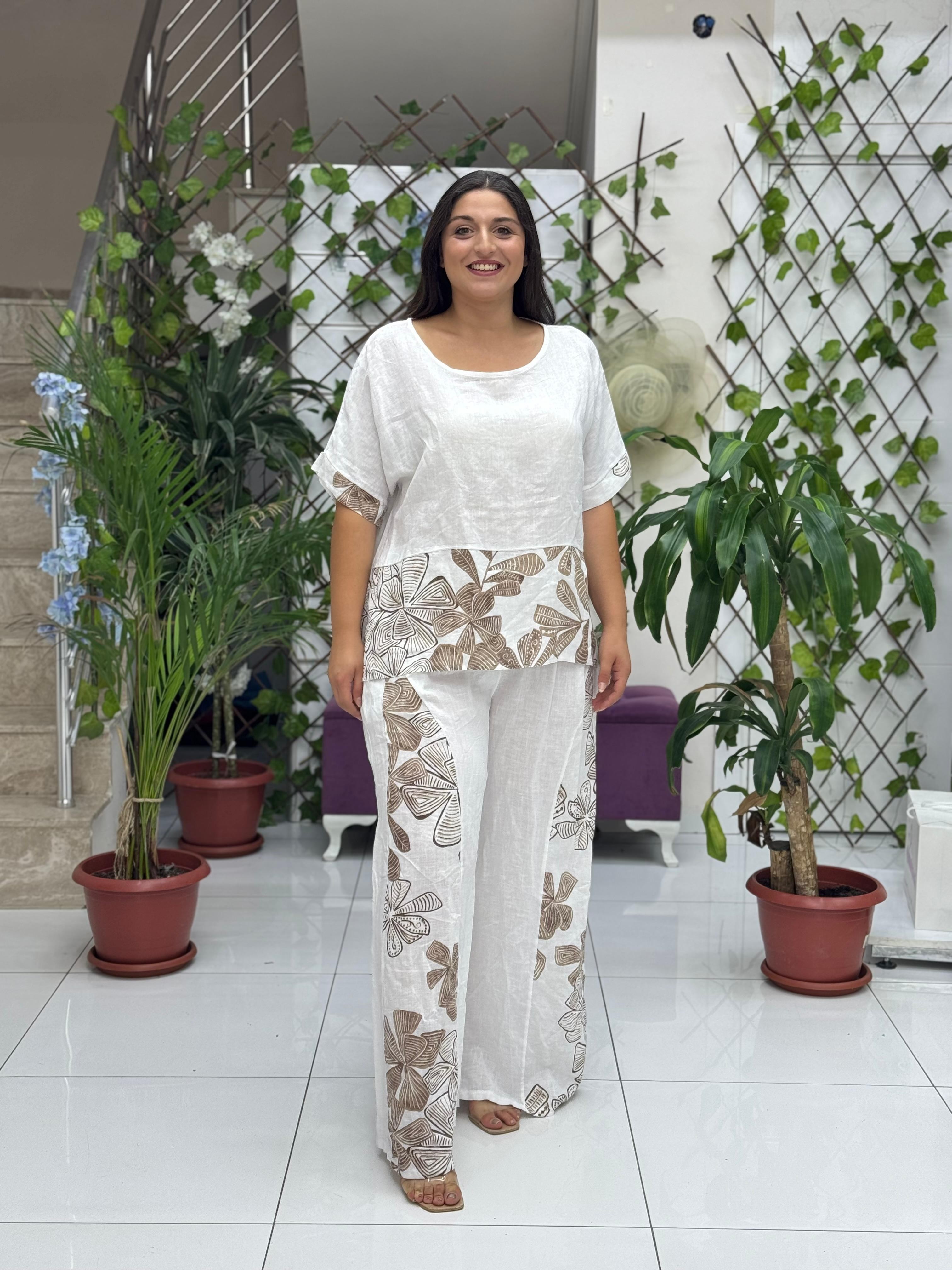 NC61253 İtalyan Çiçek Baskılı Keten Takım Beyaz