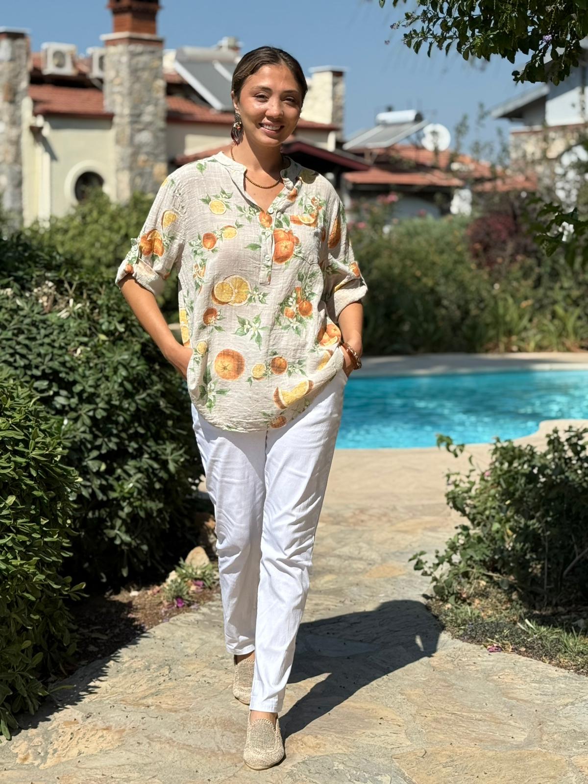 NC154553 İtalyan Pamuk Keten Bluz Krem