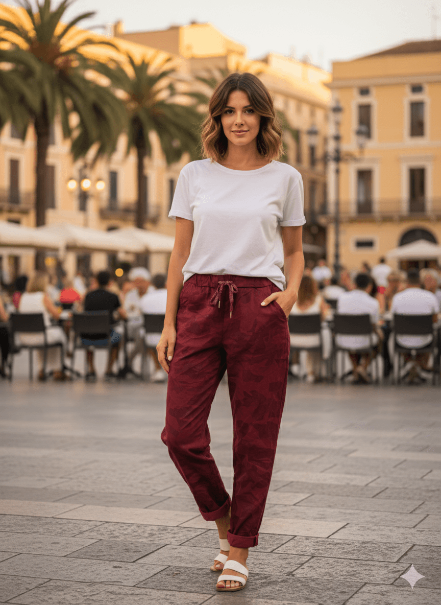 LS7312 Kamuflaj Desenli Likralı İtalyan Coton Pantolon Bordo