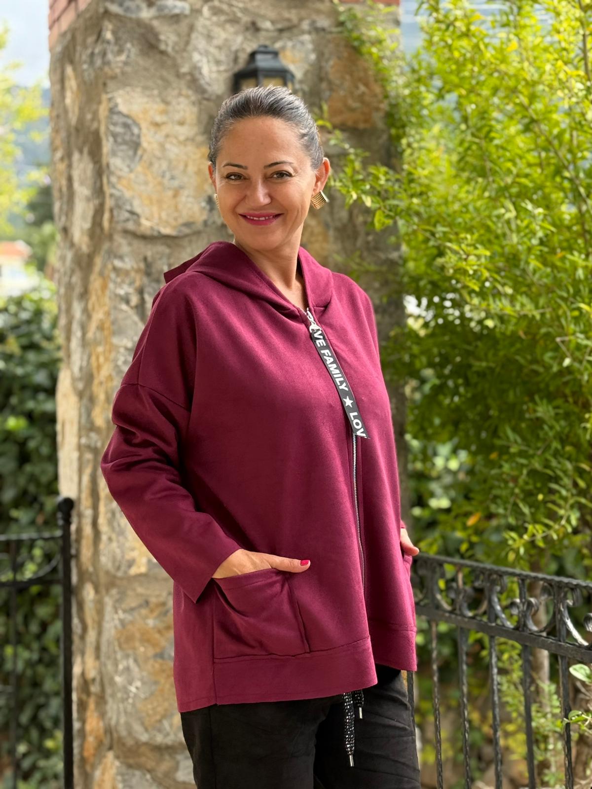 YG12477 Kapişonlu Süet İtalyan Ceket Vişne