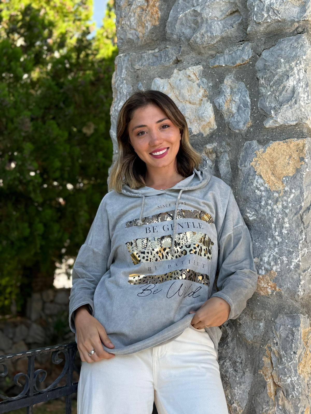 NC56152 İtalyan Leopar Baskılı Kapüşonlu Sweatshirt Gri