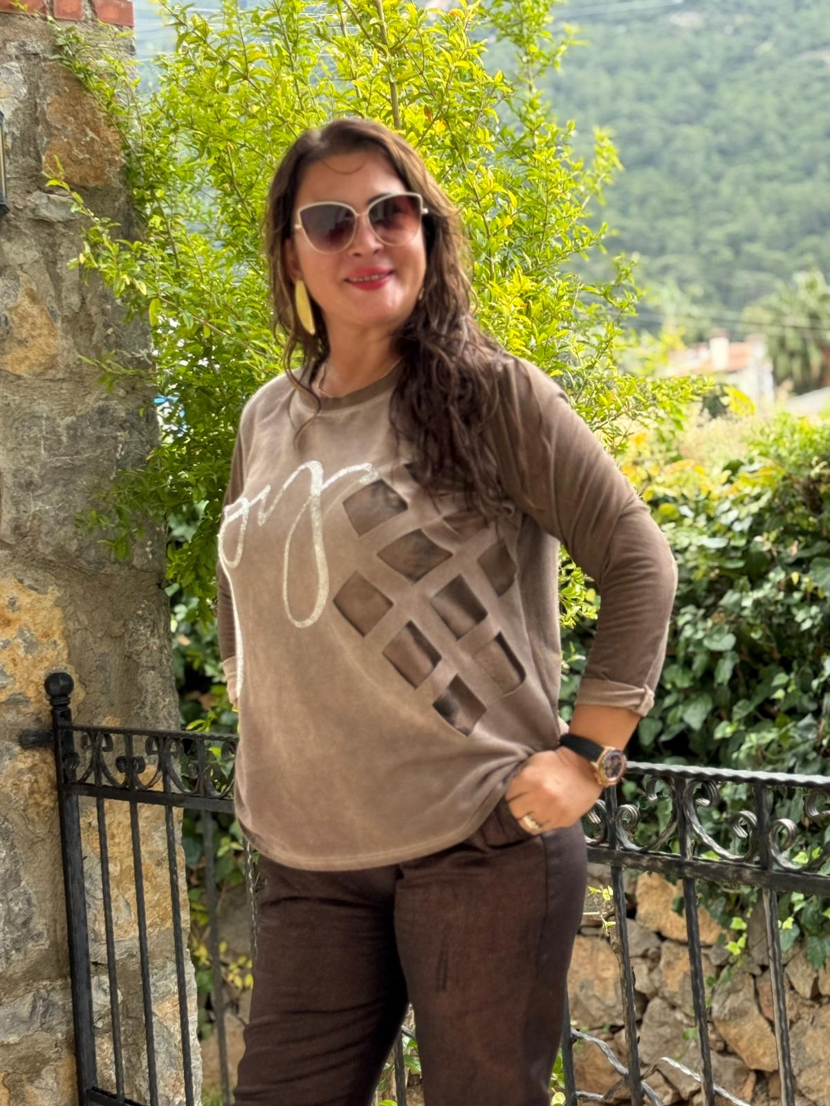 NC58377 Bisiklet Yaka Joy Yazılı Taşlı İtalyan Sweatshirt Camel